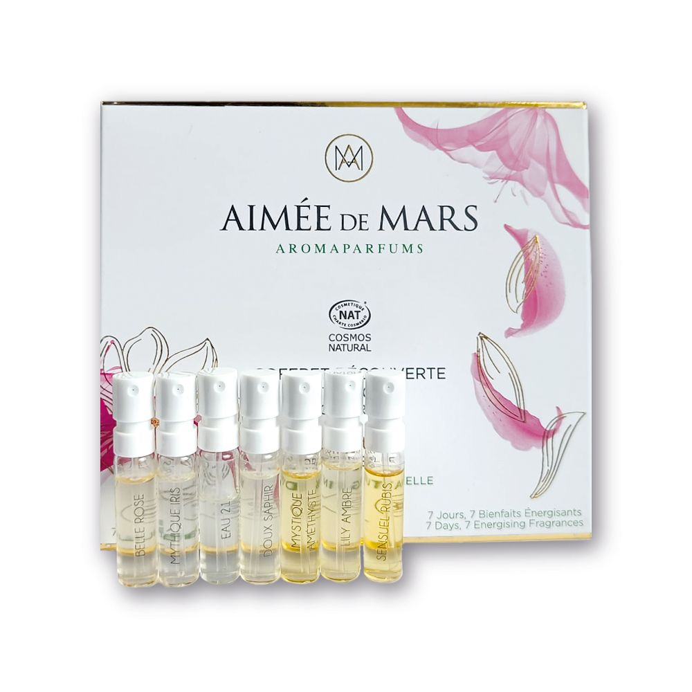 Aimée de Mars® Discovery Set Collection Florale. Sechs kleine Flakons und eine Schachtel mit Logo und floralem Design.