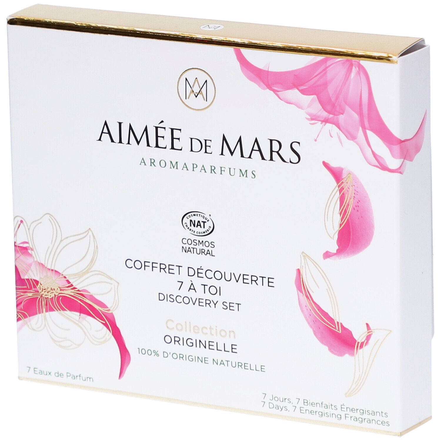 Weißer Karton mit goldener Oberseite. Aufschrift: Aimée de Mars, Aromaparfums, Coffret Découverte, 7 à toi, Discovery Set.