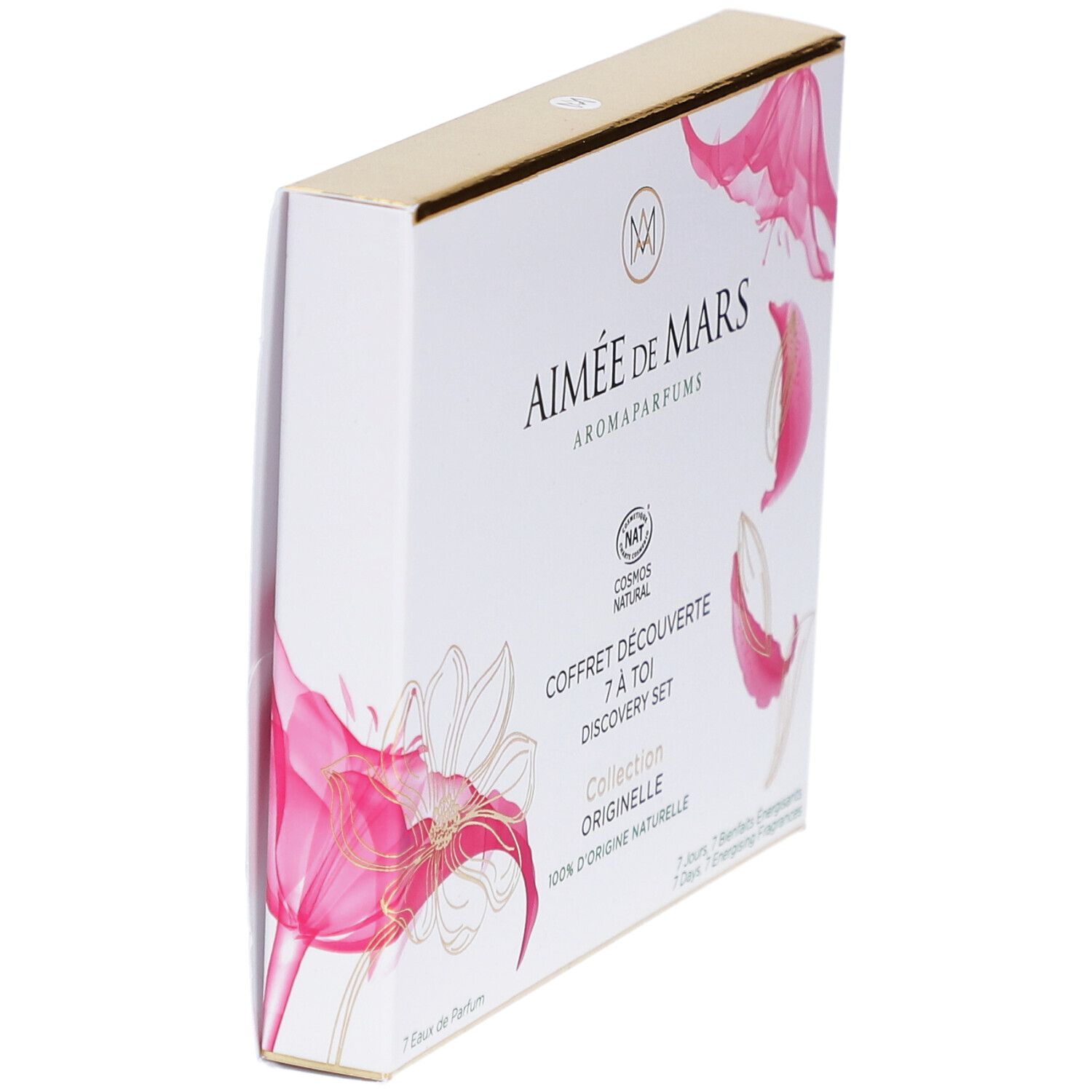 Schräg gestellte weiße Schachtel mit goldener Oberseite. Aufschrift: Aimée de Mars, Aromaparfums, Coffret Découverte, 7 à toi, Discovery Set.