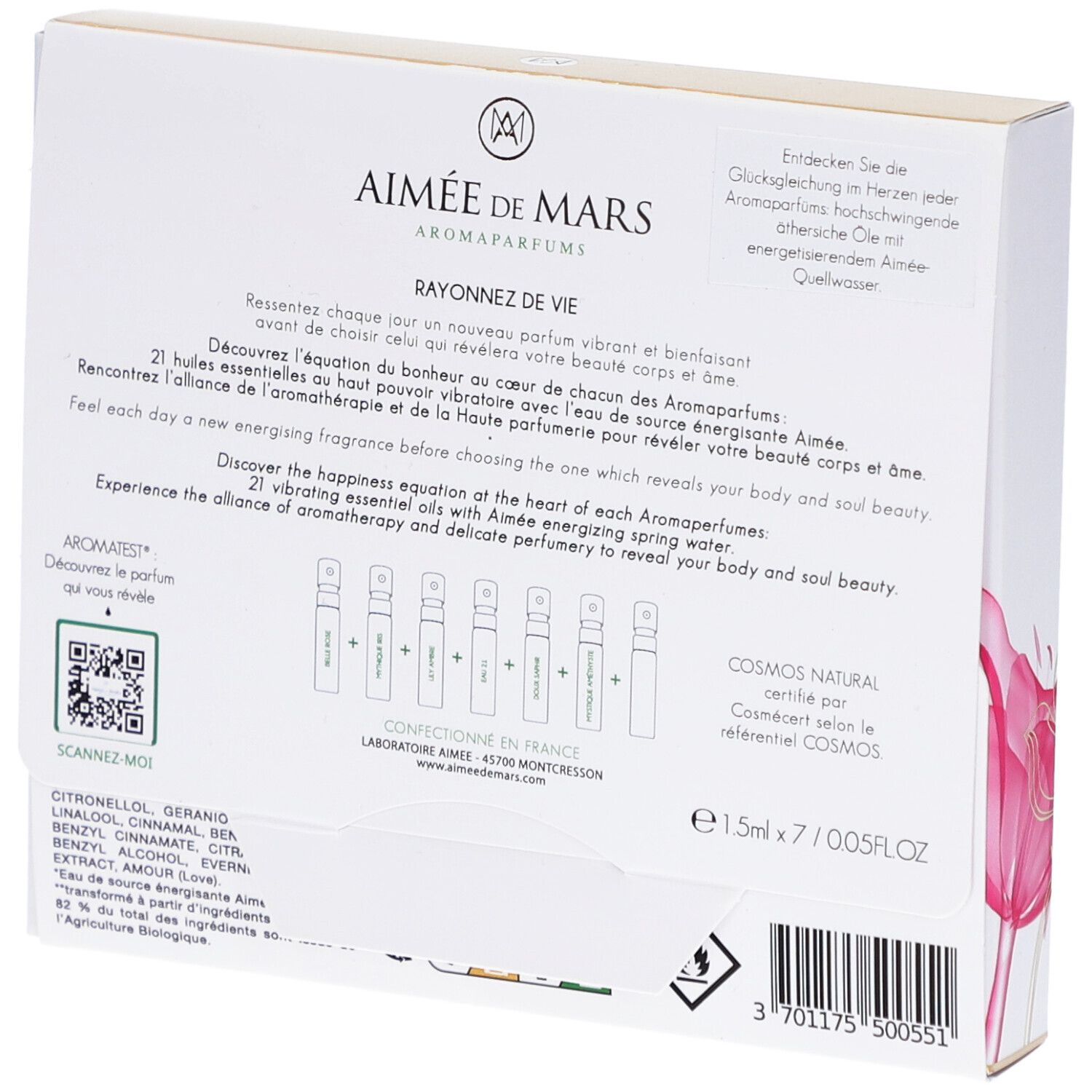 Rückseite der Schachtel. Aufschrift: Aimée de Mars, Aromaparfums, Rayonnez de Vie. Enthält 7 Proben. Cosmos Natural Zertifizierung.