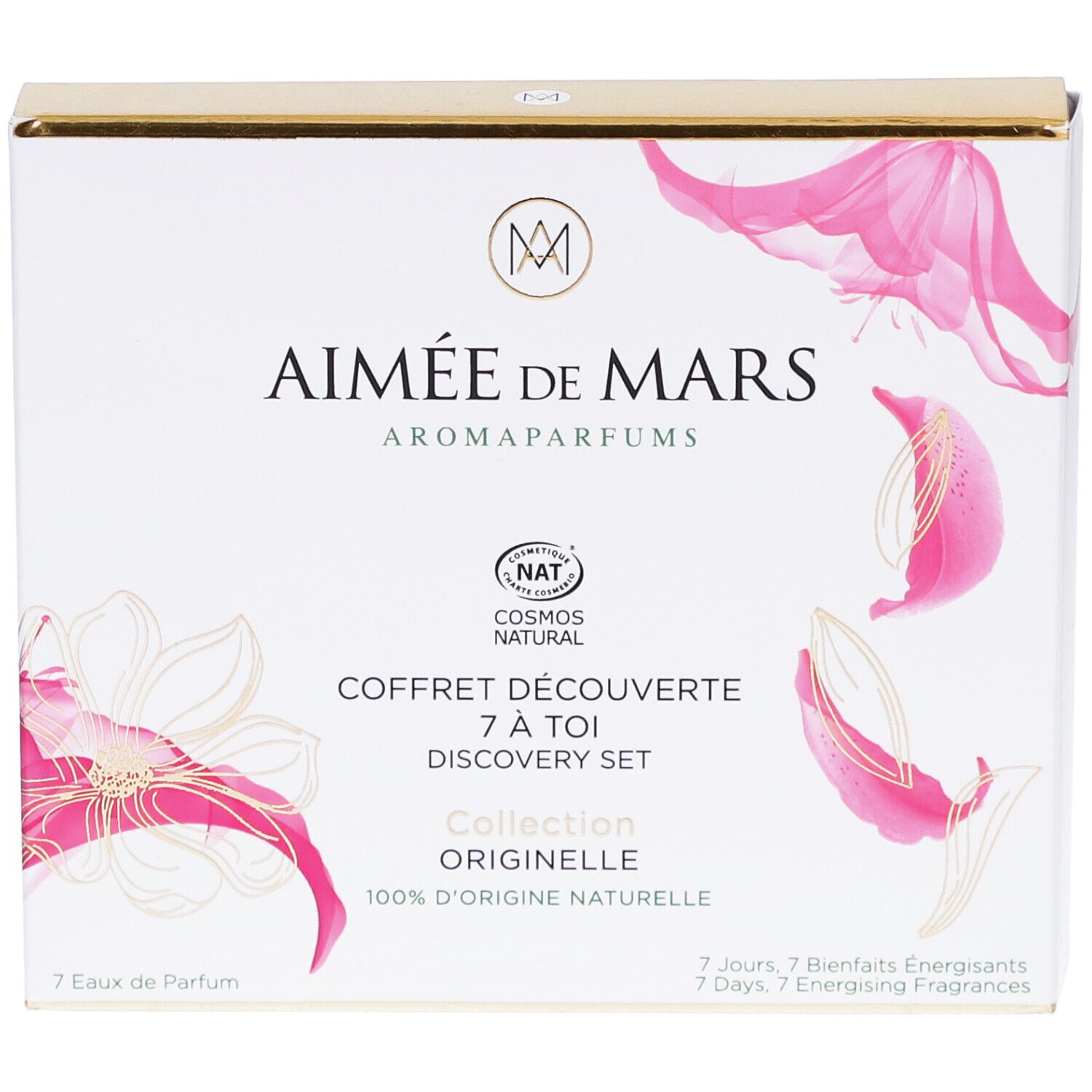 Weißer Karton mit goldener Oberseite. Aufschrift: Aimée de Mars, Aromaparfums, Coffret Découverte, 7 à toi, Discovery Set.