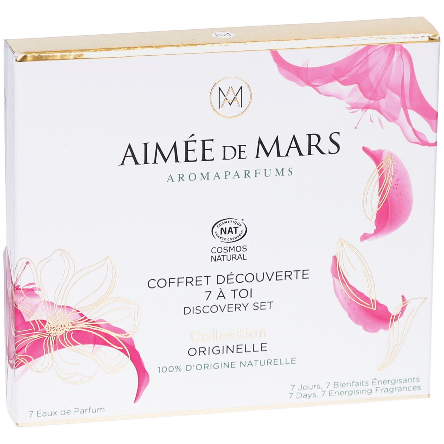 Weißer Karton mit goldener Oberseite. Aufschrift: Aimée de Mars, Aromaparfums, Coffret Découverte, 7 à toi, Discovery Set.