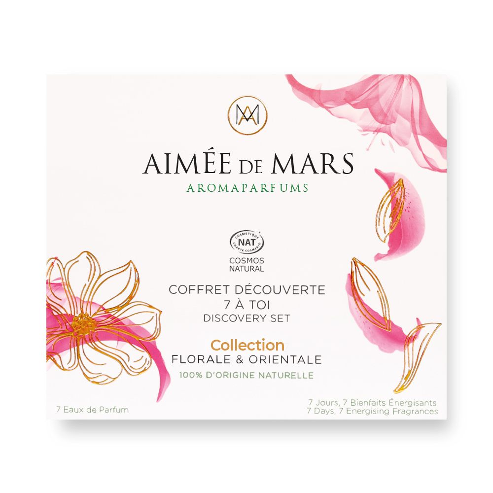 Aimée de Mars® Discovery Set. Weiße Schachtel mit Logo, floralem Design und Text. NAT-Zertifizierung.