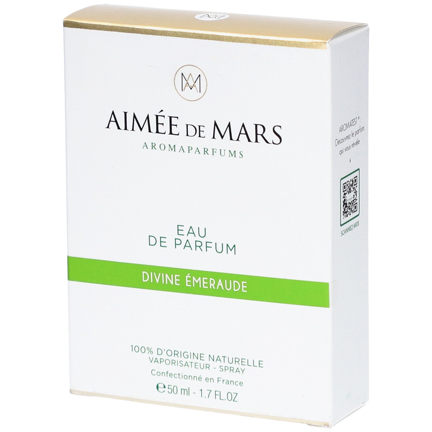 Weiße Schachtel mit goldener Oberseite. Aufschrift: Aimée de Mars, Eau de Parfum Divine Émeraude. 100% natürliche Herkunft.