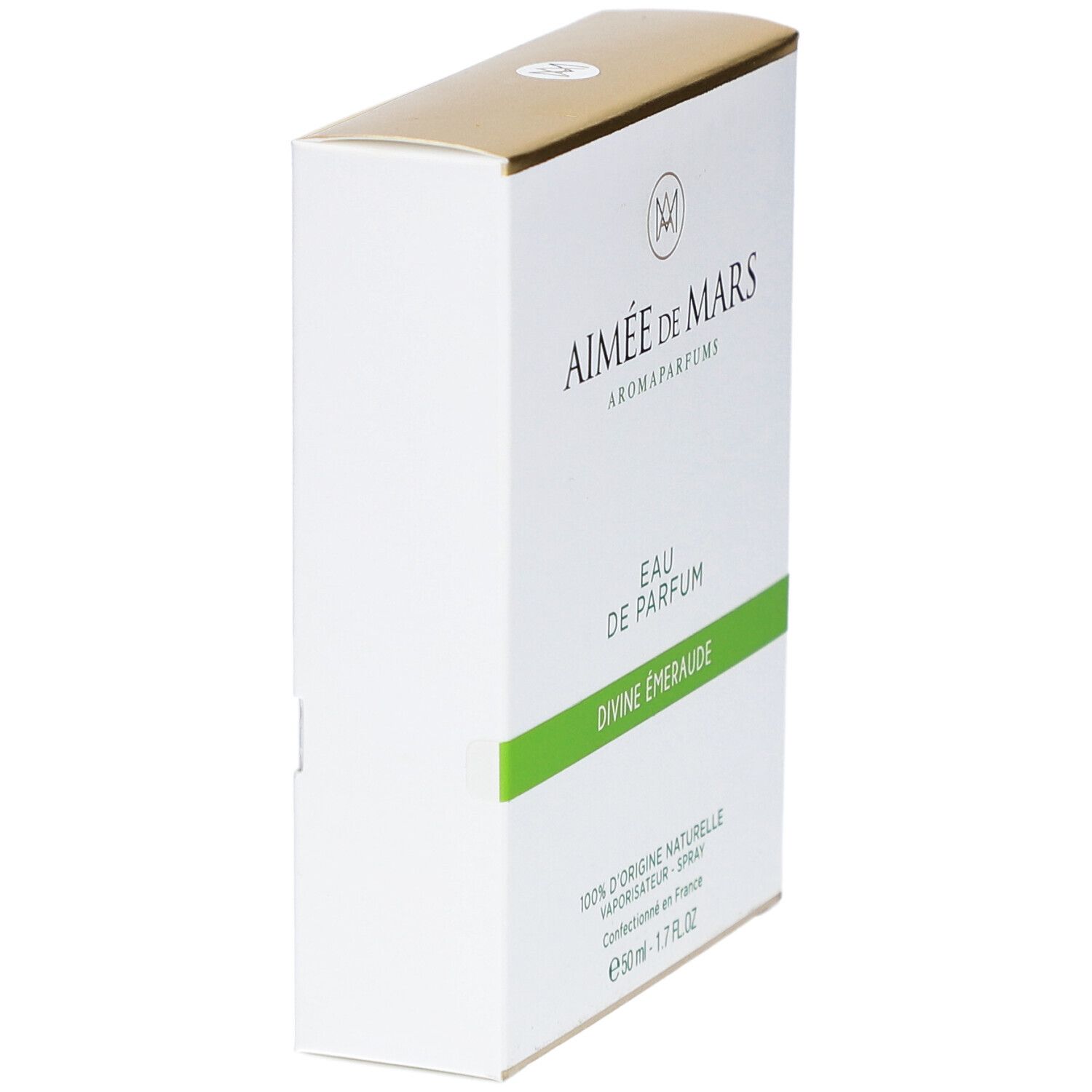Schachtel, weiß mit goldener Oberseite. Aufschrift: Aimée de Mars, Eau de Parfum Divine Émeraude. Grüne Linie.
