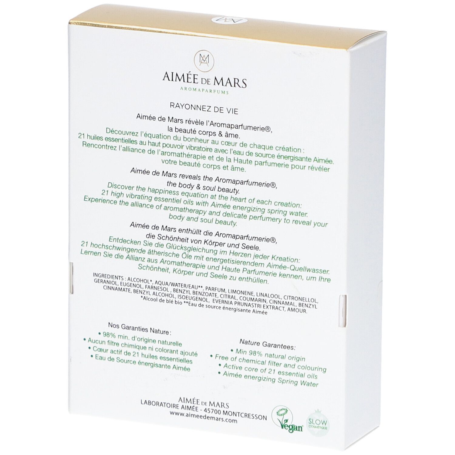 Rückseite der Schachtel. Text: Aimée de Mars, Rayonnez de Vie. Inhaltsstoffe und Garantien. Vegan-Logo.
