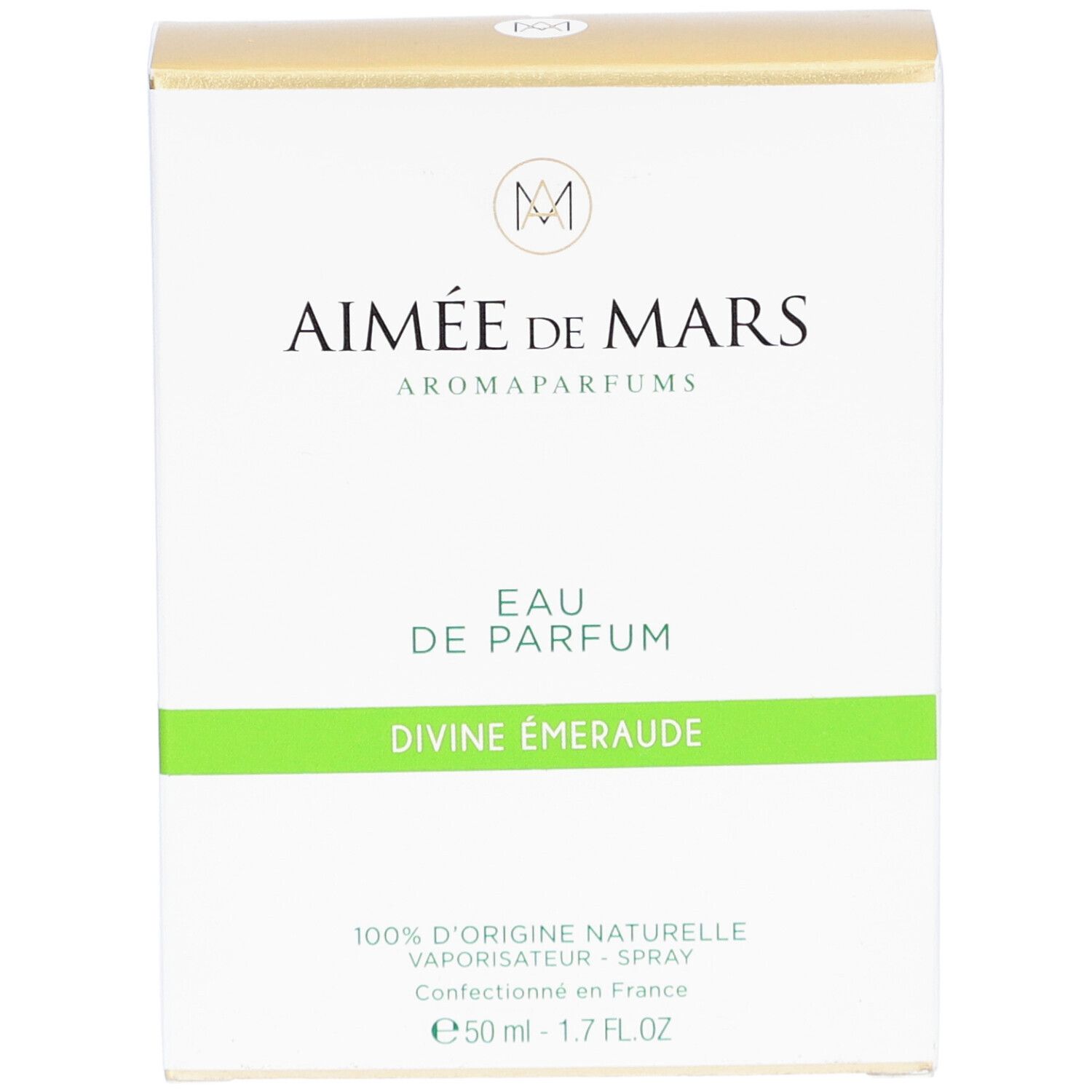 Weiße Schachtel mit goldener Oberseite. Aufschrift: Aimée de Mars, Eau de Parfum Divine Émeraude. Grüne Linie.