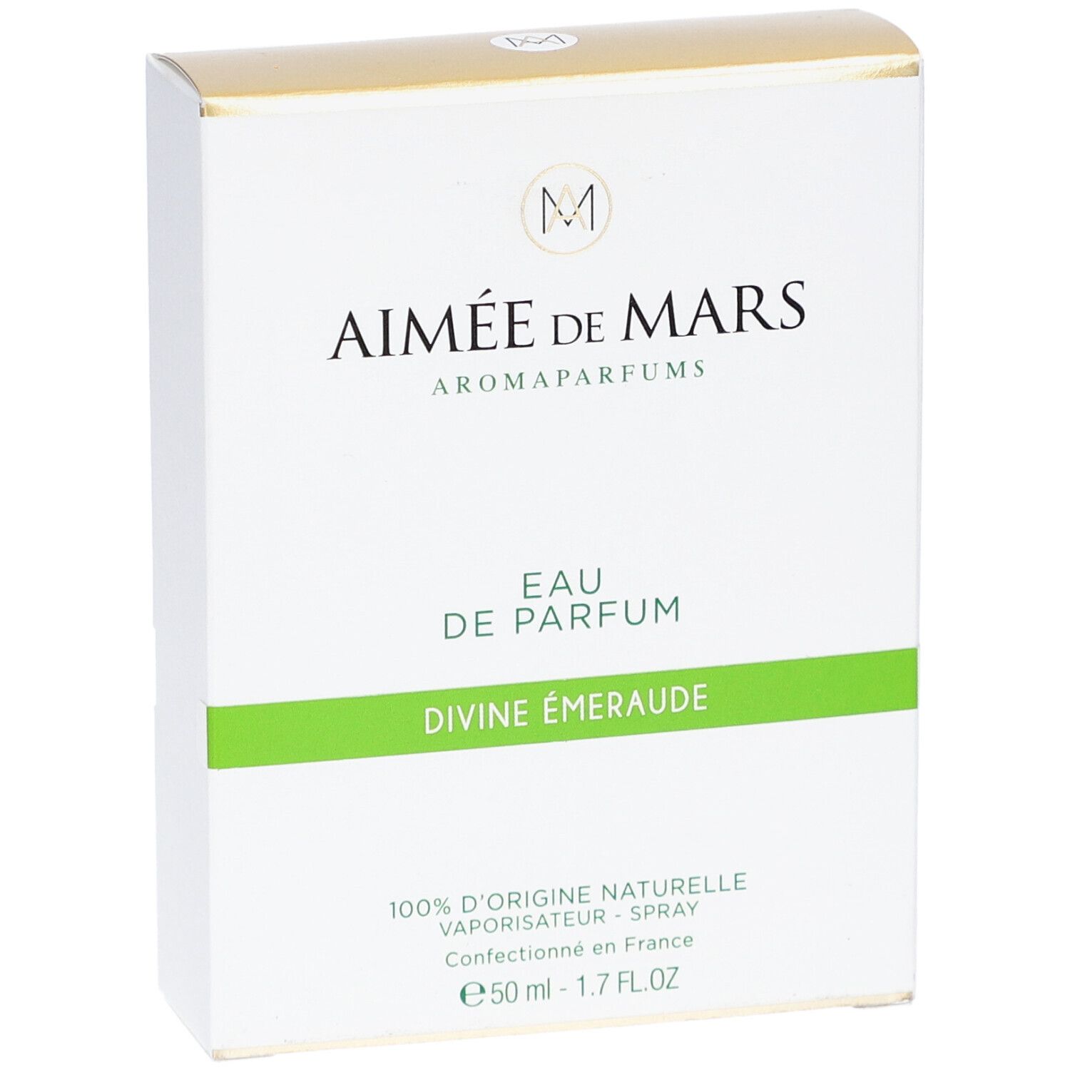 Weiße Schachtel mit goldener Oberseite. Aufschrift: Aimée de Mars, Eau de Parfum Divine Émeraude. Grüne Linie.