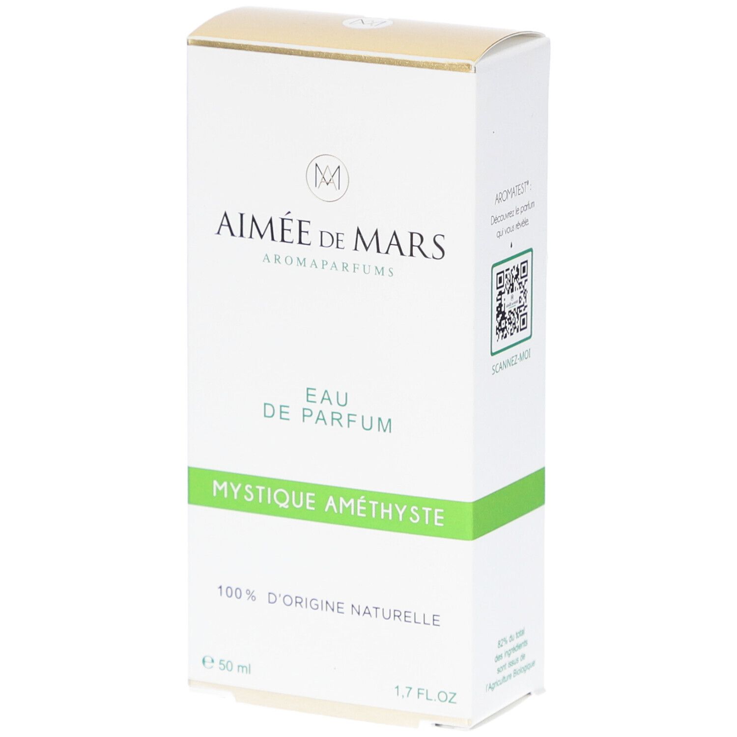 Verpackung von Eau de Parfum. Weiß mit grünen und goldenen Akzenten. Text: Aimée de Mars, Mystique Améthyste, 100% d'origine naturelle.