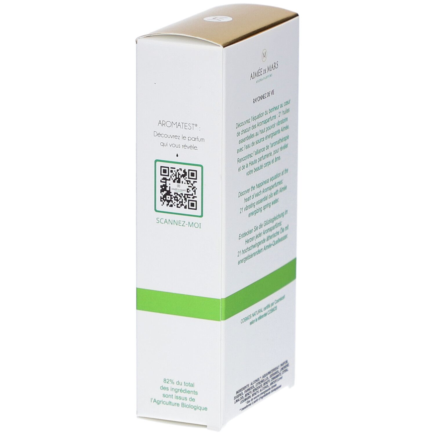 Parfumverpackung mit QR-Code. Weiß mit grünen und goldenen Akzenten. Text: Aimée de Mars, Aromates, Scan me, 82% des ingrédients sont issus de l'agriculture biologique.
