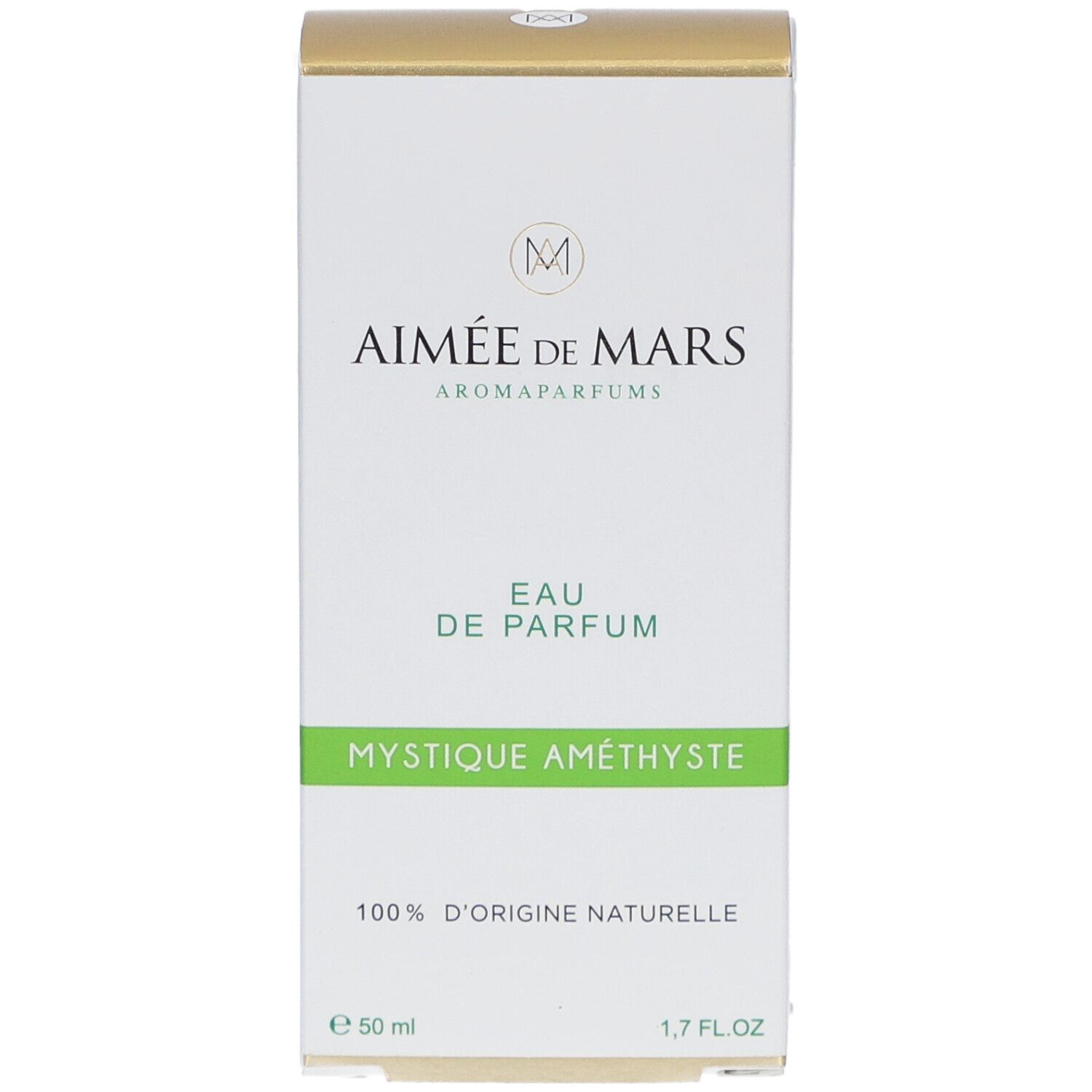 Vorderseite der Parfumverpackung. Weiß mit grünen und goldenen Akzenten. Text: Aimée de Mars, Eau de Parfum, Mystique Améthyste, 100% d'origine naturelle.