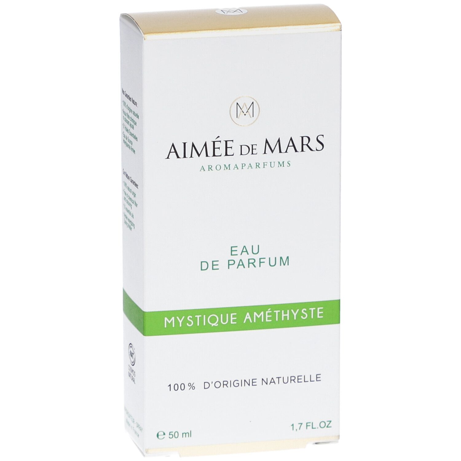 Parfumverpackung. Weiß mit grünen und goldenen Akzenten. Text: Aimée de Mars, Eau de Parfum, Mystique Améthyste, 100% d'origine naturelle. Umweltzeichen.