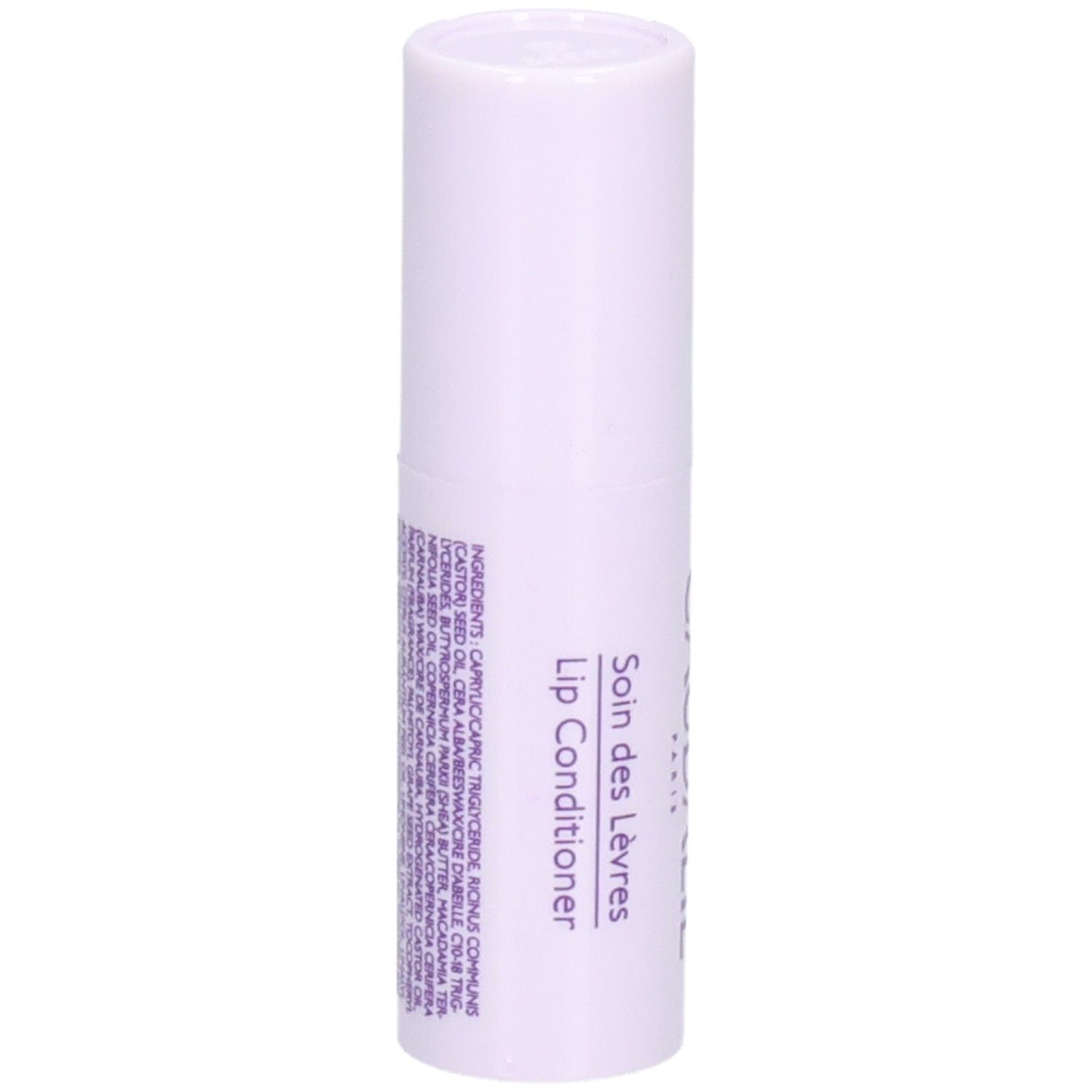 Lippenpflegestift. Weiß-lilafarbener Stift mit Text. Text: Soin des Lèvres, Lip Conditioner, Inhaltsstoffe.