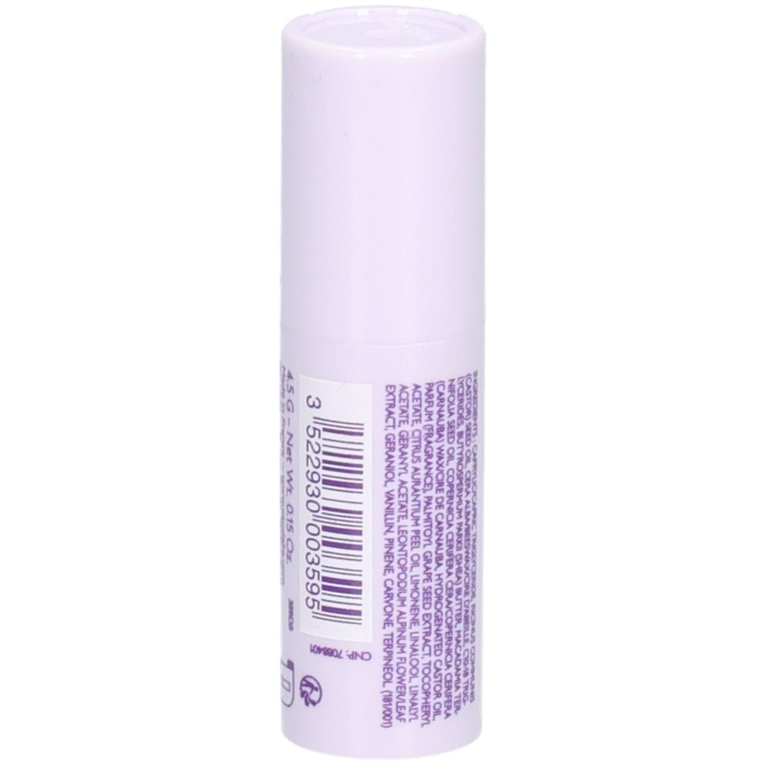 Lippenpflegestift. Weiß-lilafarbener Stift mit Text und Barcode. Text: 4.5g - Net Wt. 0.15 Oz.