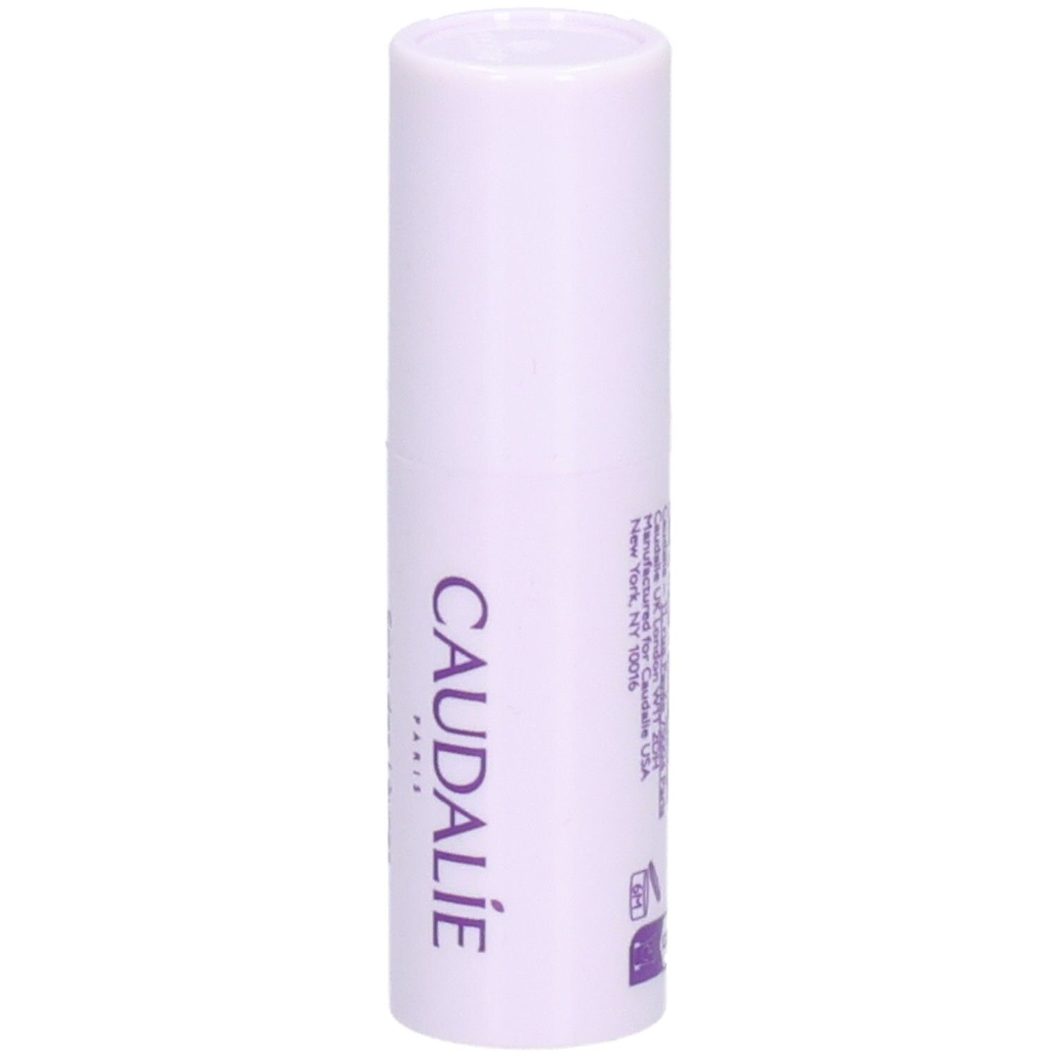 Lippenpflegestift. Weiß-lilafarbener Stift mit CAUDALIE-Logo. Text: CAUDALIE, Paris.