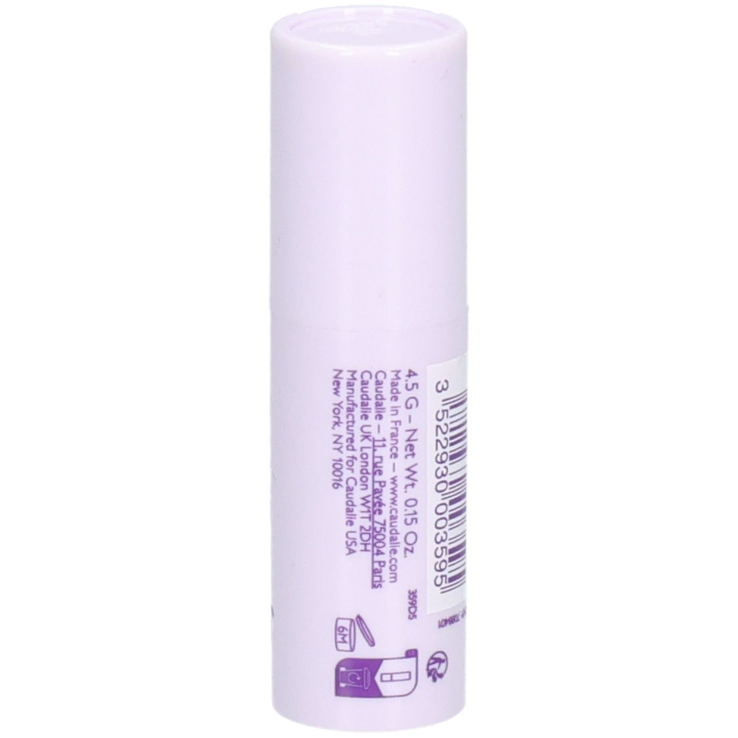 Lippenpflegestift. Weiß-lilafarbener Stift mit Text und Barcode. Text: 4.5 g - Net Wt. 0.15 Oz.