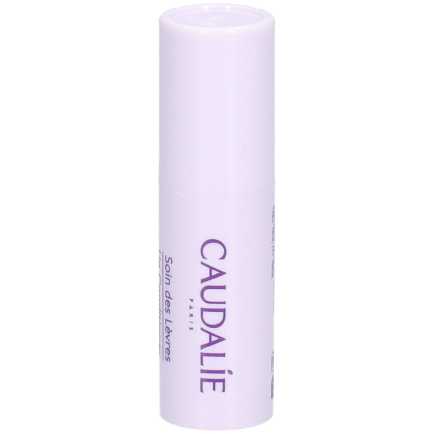 Lippenpflegestift in weiß-lilafarbener Hülle. Aufschrift CAUDALIE PARIS. Text: Soin des Lèvres.