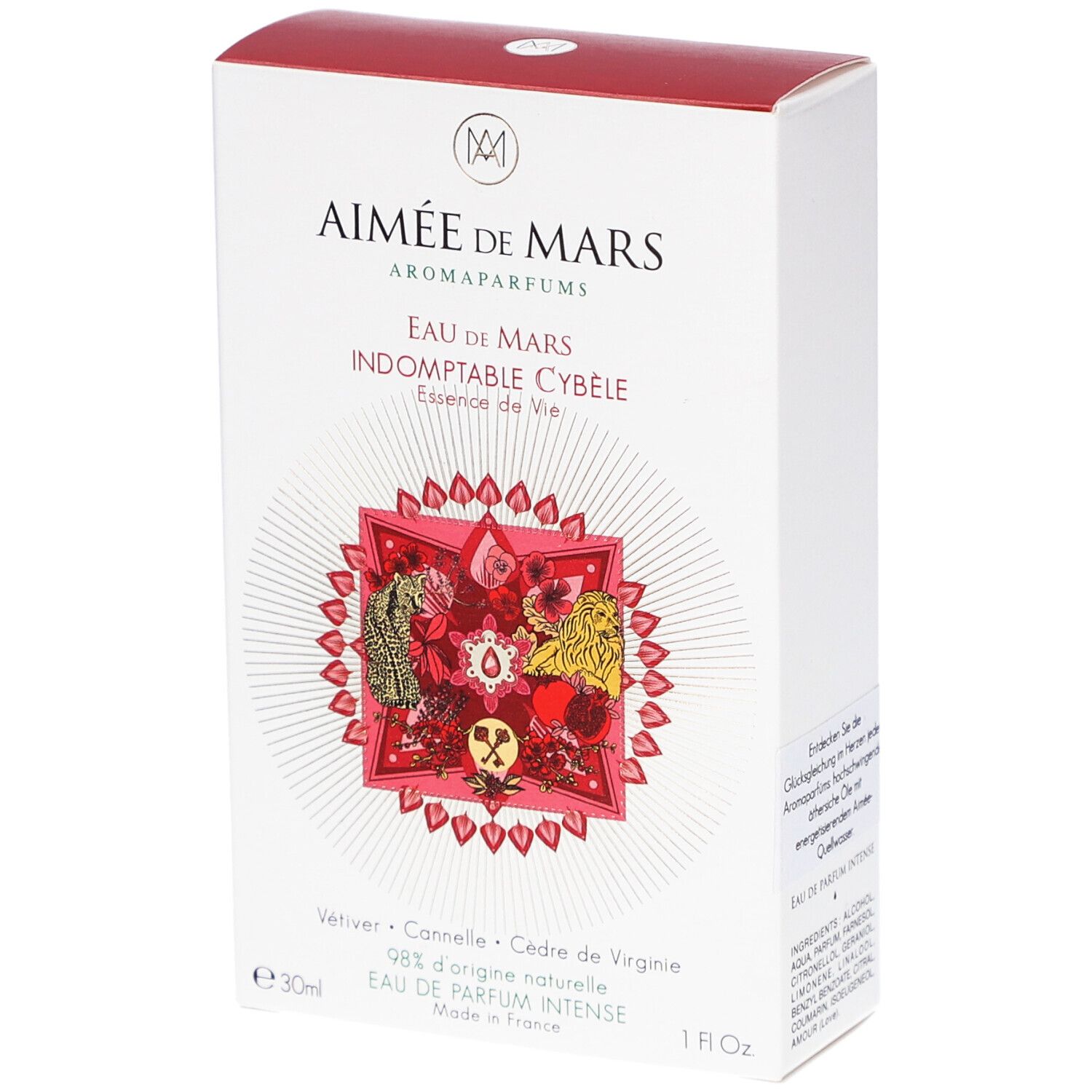Weiße Schachtel mit rotem Deckel. Aufschrift: Aimée de Mars, Eau de Mars Indomptable Cybèle. Rotes Design mit floralen Elementen.