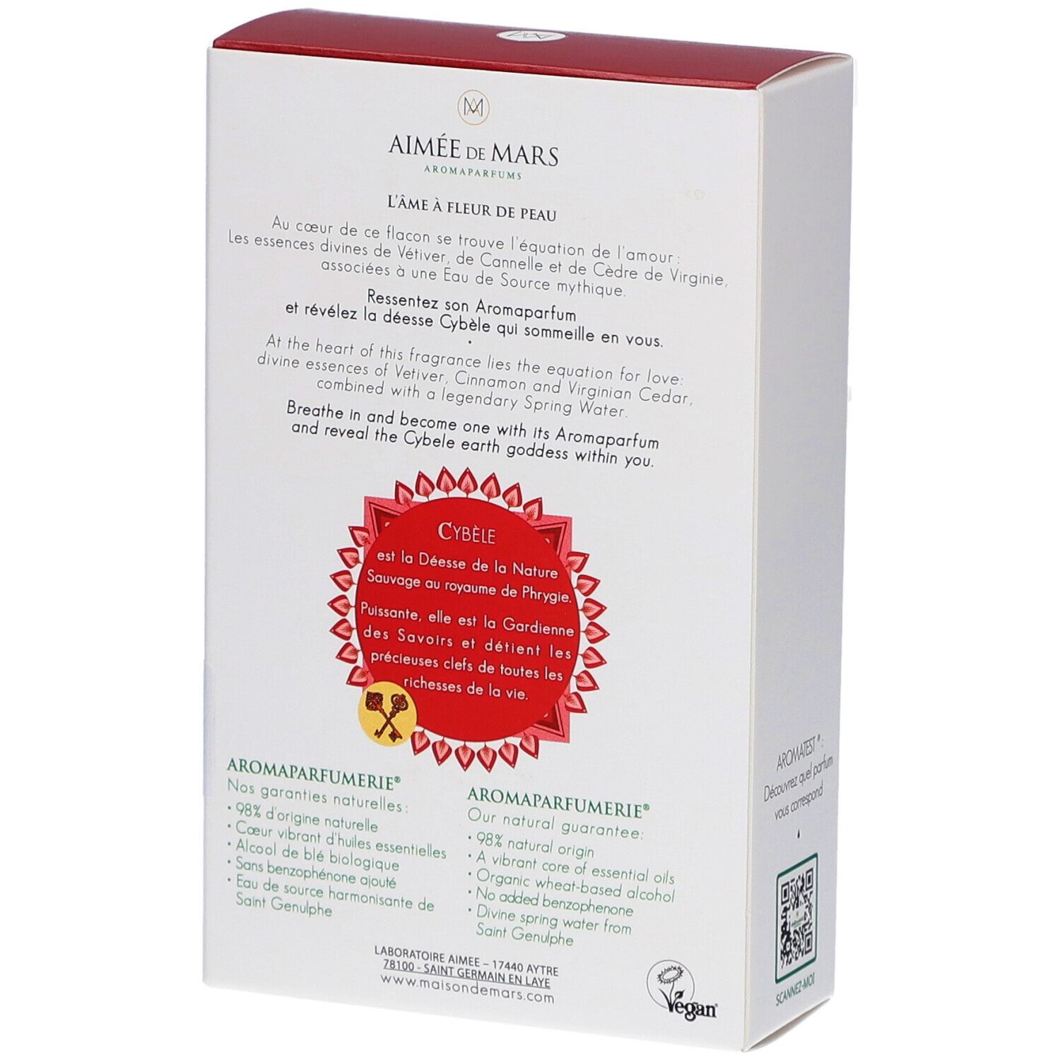 Rückseite der Schachtel. Text über das Produkt und Inhaltsstoffe. Rotes Design mit floralen Elementen und Logo.