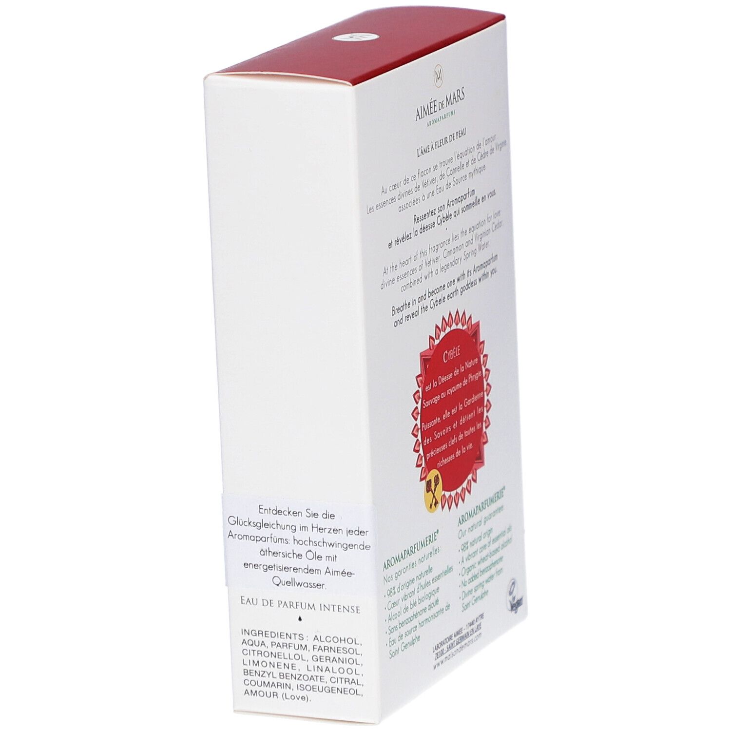 Schachtel, weiß mit rotem Deckel. Text und Logo auf der Seite. Rotes Design mit floralen Elementen.