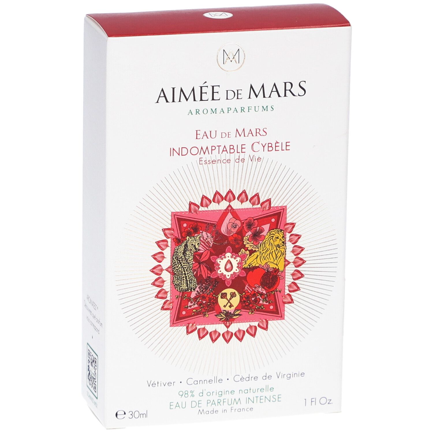 Weiße Schachtel mit rotem Deckel. Aufschrift: Aimée de Mars, Eau de Mars Indomptable Cybèle. Rotes Design mit floralen Elementen.