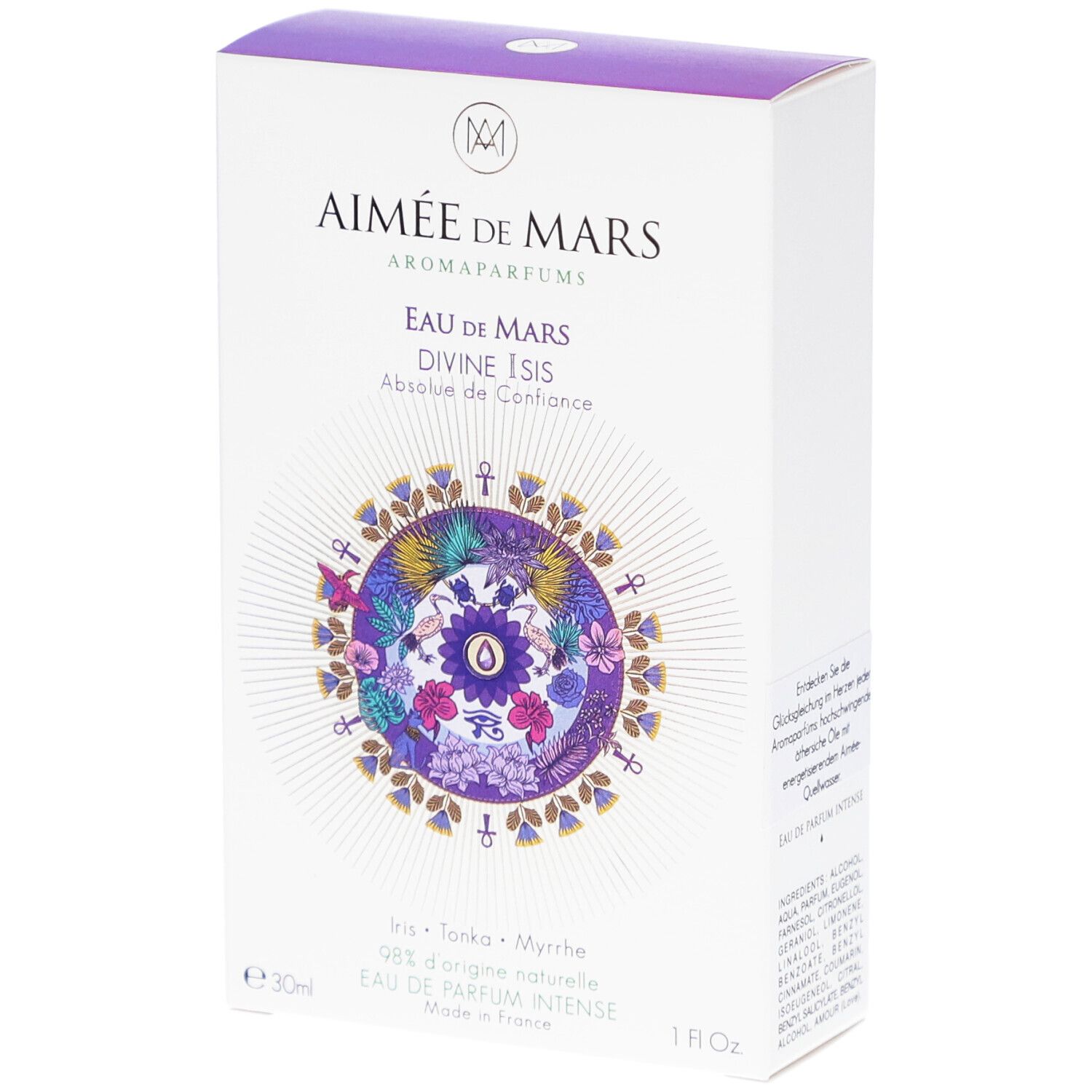Weiße Schachtel mit lila Deckel. Aufschrift: Aimée de Mars, Eau de Mars Divine Isis. Floral-Design. 30ml, 1 fl. oz.