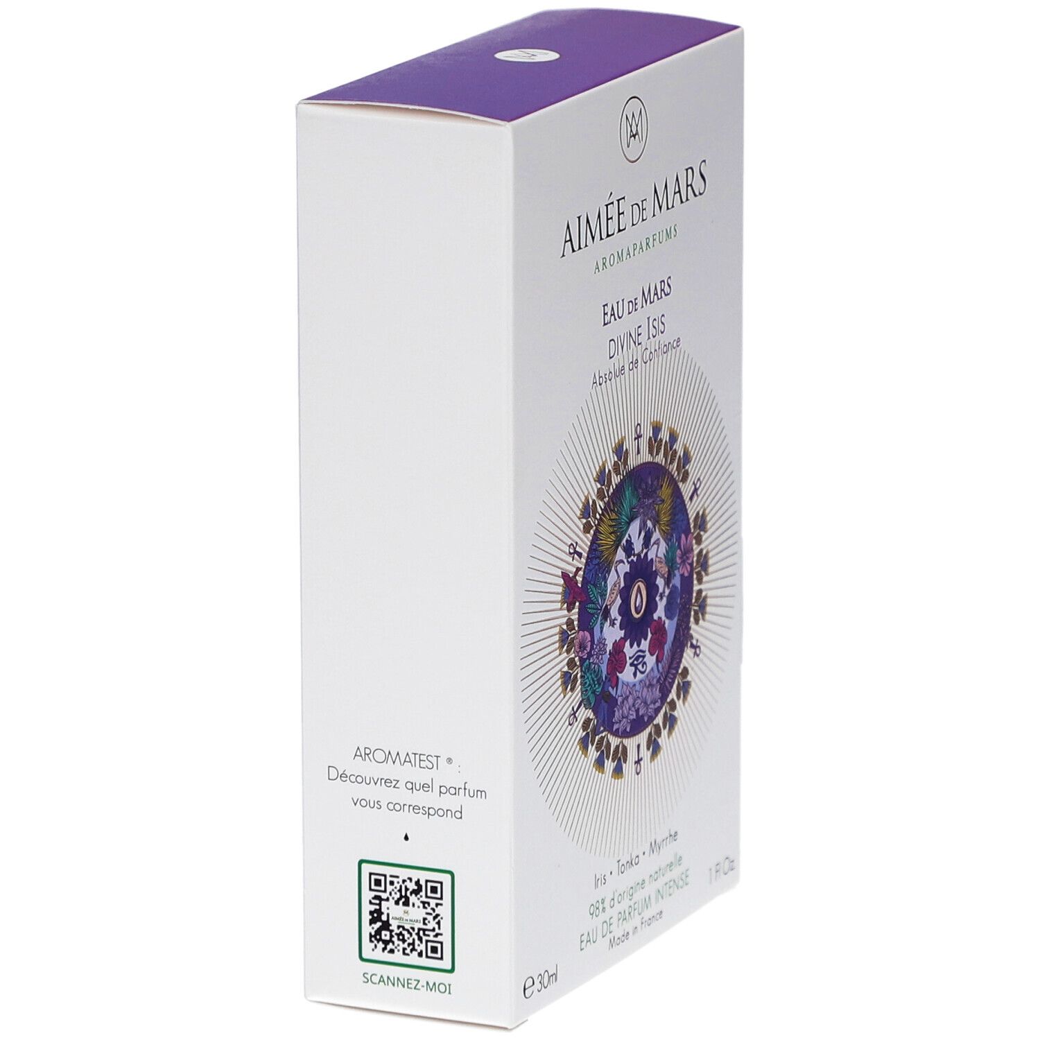 Weiße Schachtel, lila Deckel. Aufschrift: Aimée de Mars, Eau de Mars Divine Isis. Floral-Design. QR-Code. 30ml, 1 fl. oz.