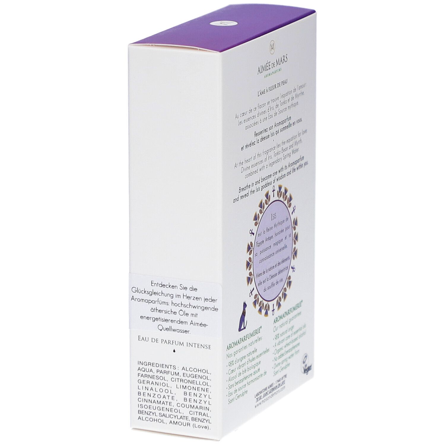 Weiße Schachtel, lila Deckel. Text: Aimée de Mars, Eau de Mars Divine Isis. Floral-Design. Inhaltsstoffe. Vegan-Logo.