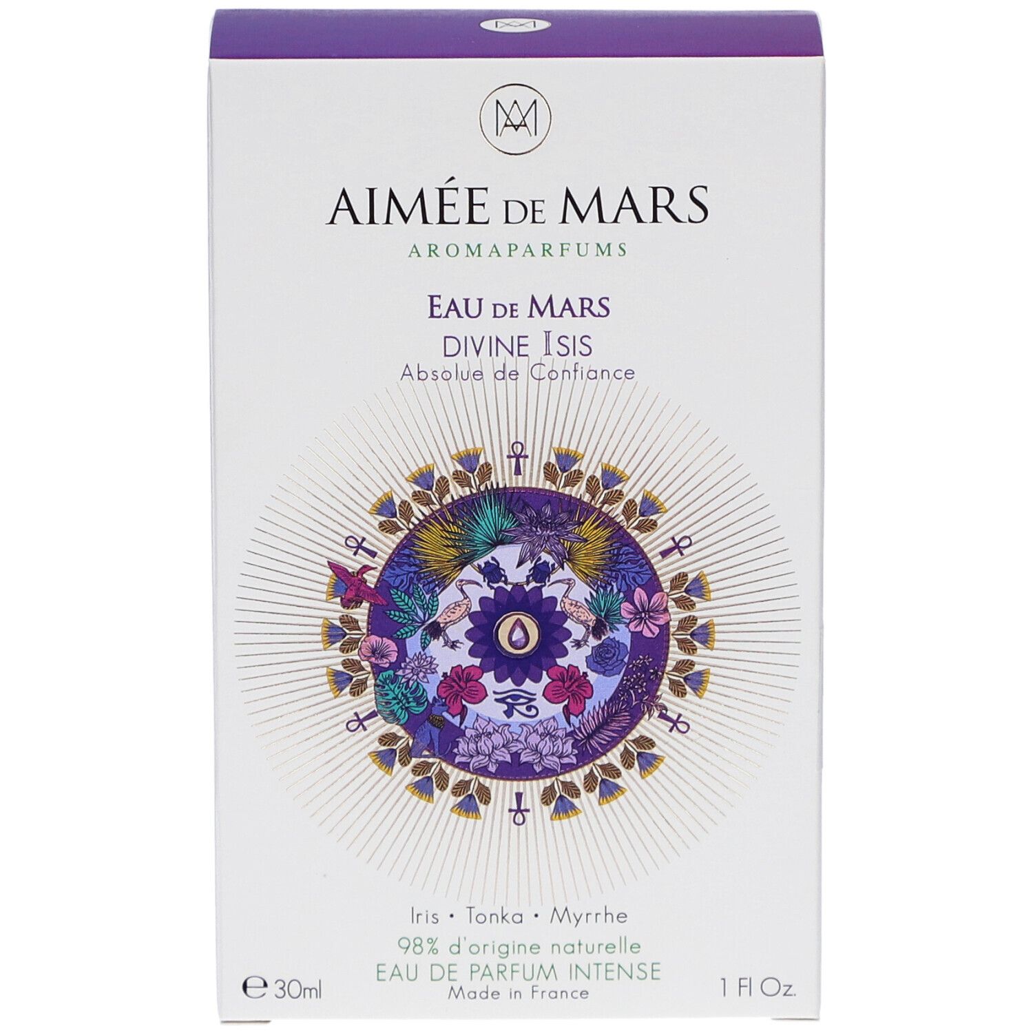Weiße Schachtel mit lila Deckel. Aufschrift: Aimée de Mars, Eau de Mars Divine Isis. Floral-Design. 30ml, 1 fl. oz.
