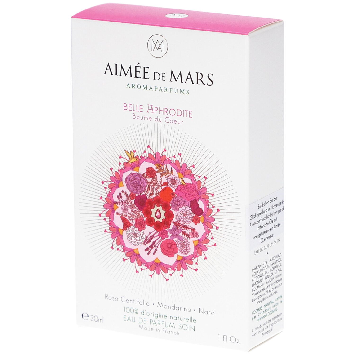 Boîte blanche, couvercle rose. Inscription: Aimée de Mars, Belle Aphrodite. Motif floral. 1 fl oz.