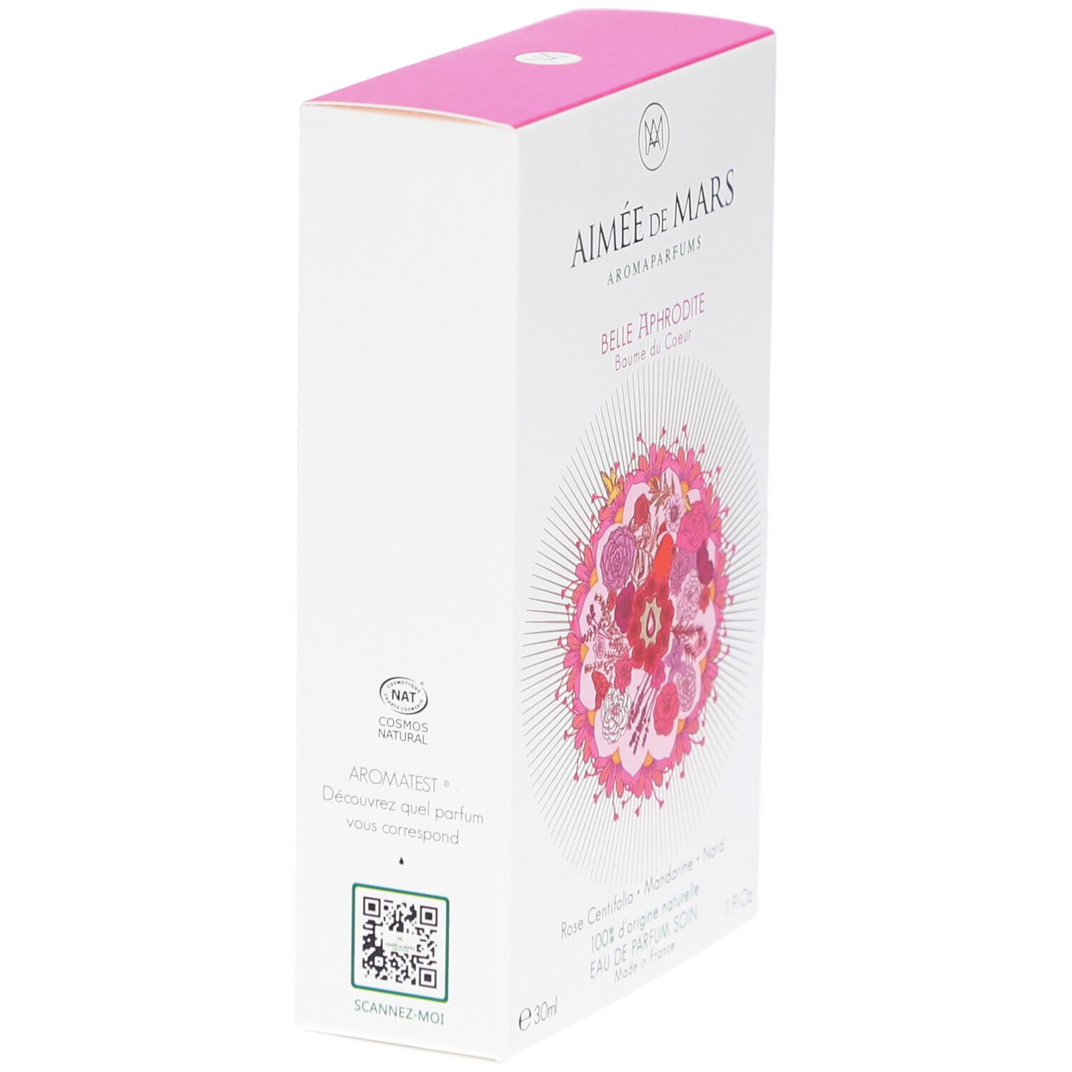 Boîte blanche, couvercle rose. Inscription: Aimée de Mars, Belle Aphrodite. Motif floral. Code QR.