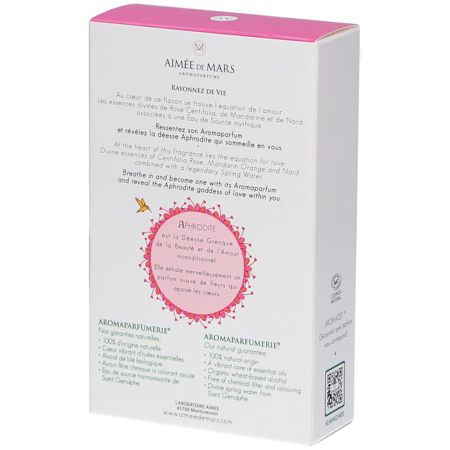 Dos de la boîte blanche. Texte: Aimée de Mars. Description du produit. Certifications et code QR.