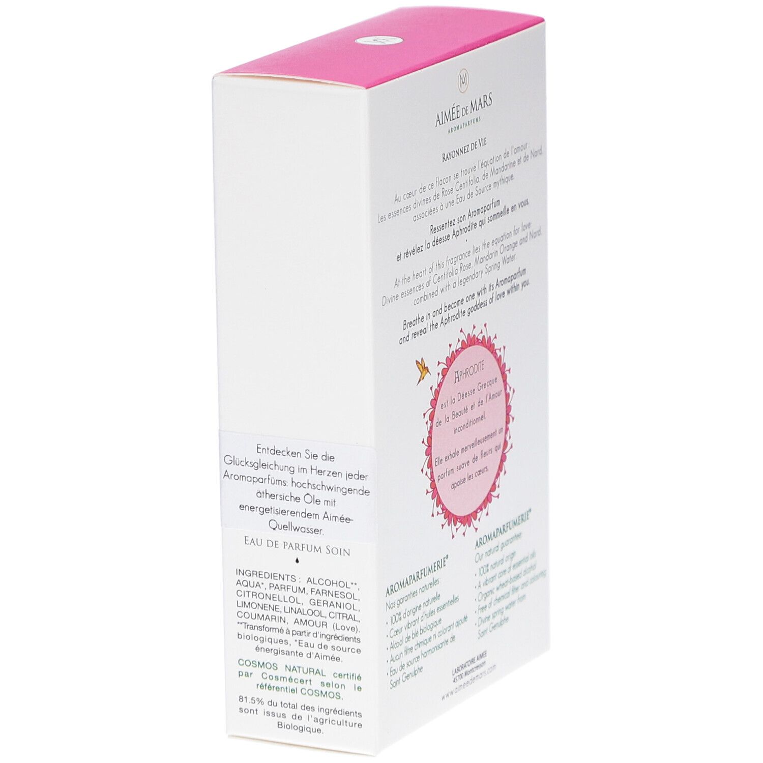 Boîte blanche, couvercle rose. Texte: Aimée de Mars. Ingrédients. Certifications. Code QR.