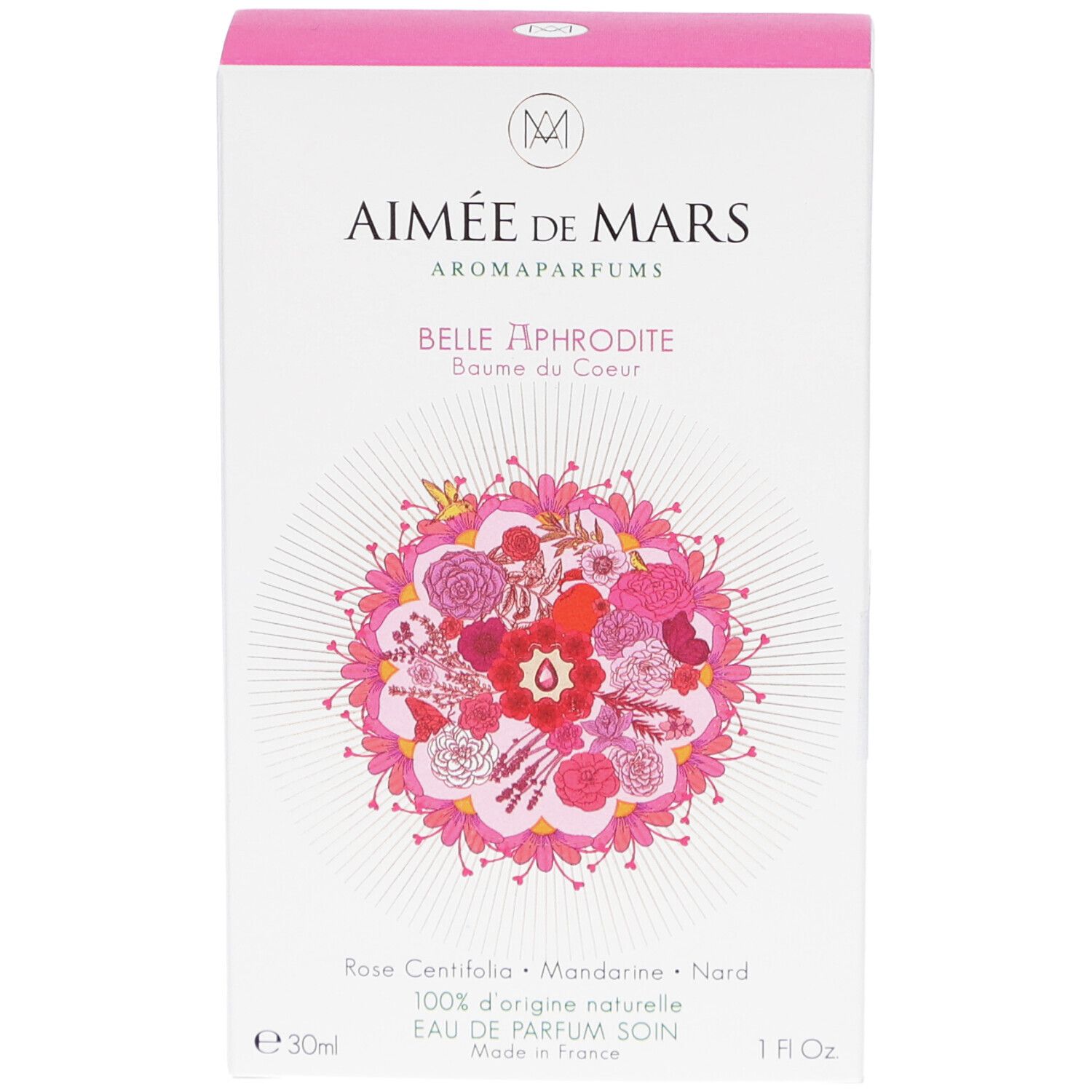 Boîte blanche, couvercle rose. Inscription: Aimée de Mars, Belle Aphrodite. Motif floral. 1 fl oz.