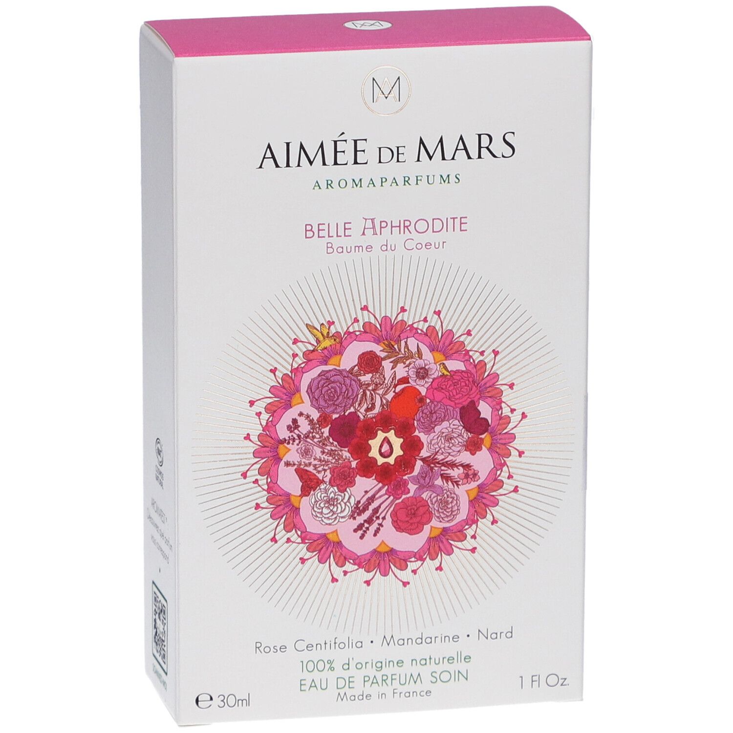 Boîte blanche, couvercle rose. Inscription: Aimée de Mars, Belle Aphrodite. Motif floral. 1 fl oz.