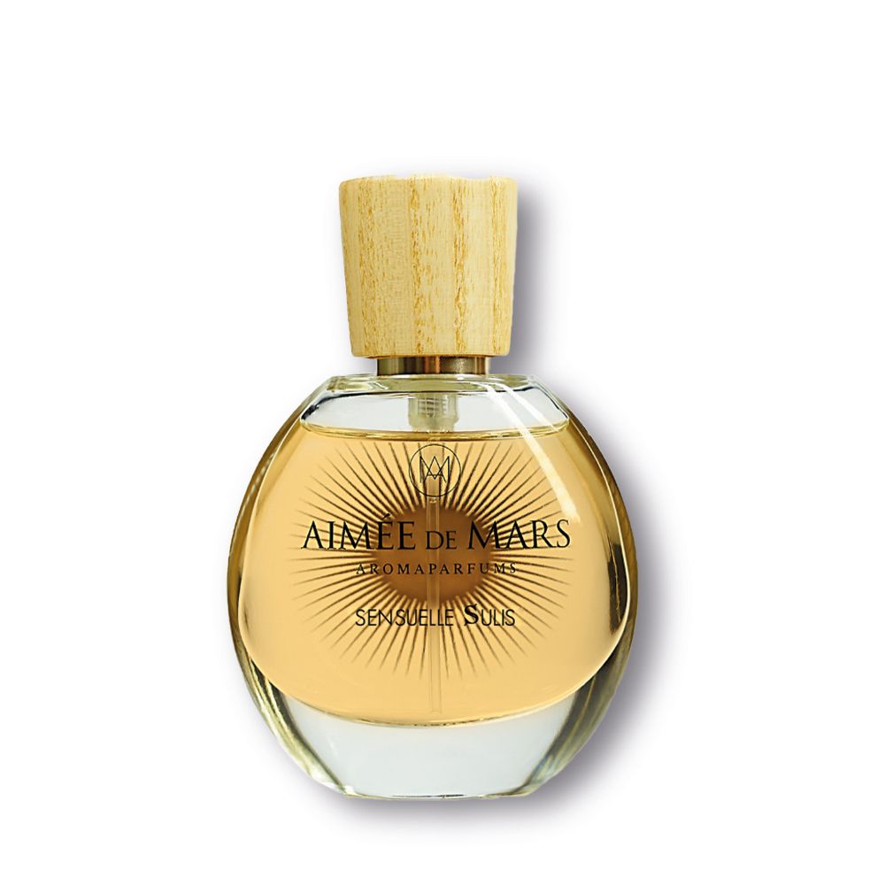 Runder Glasflakon mit Holzverschluss. Aufschrift: Aimée de Mars Aromaparfums, Sensuelle Sulis. Goldfarbene Flüssigkeit.
