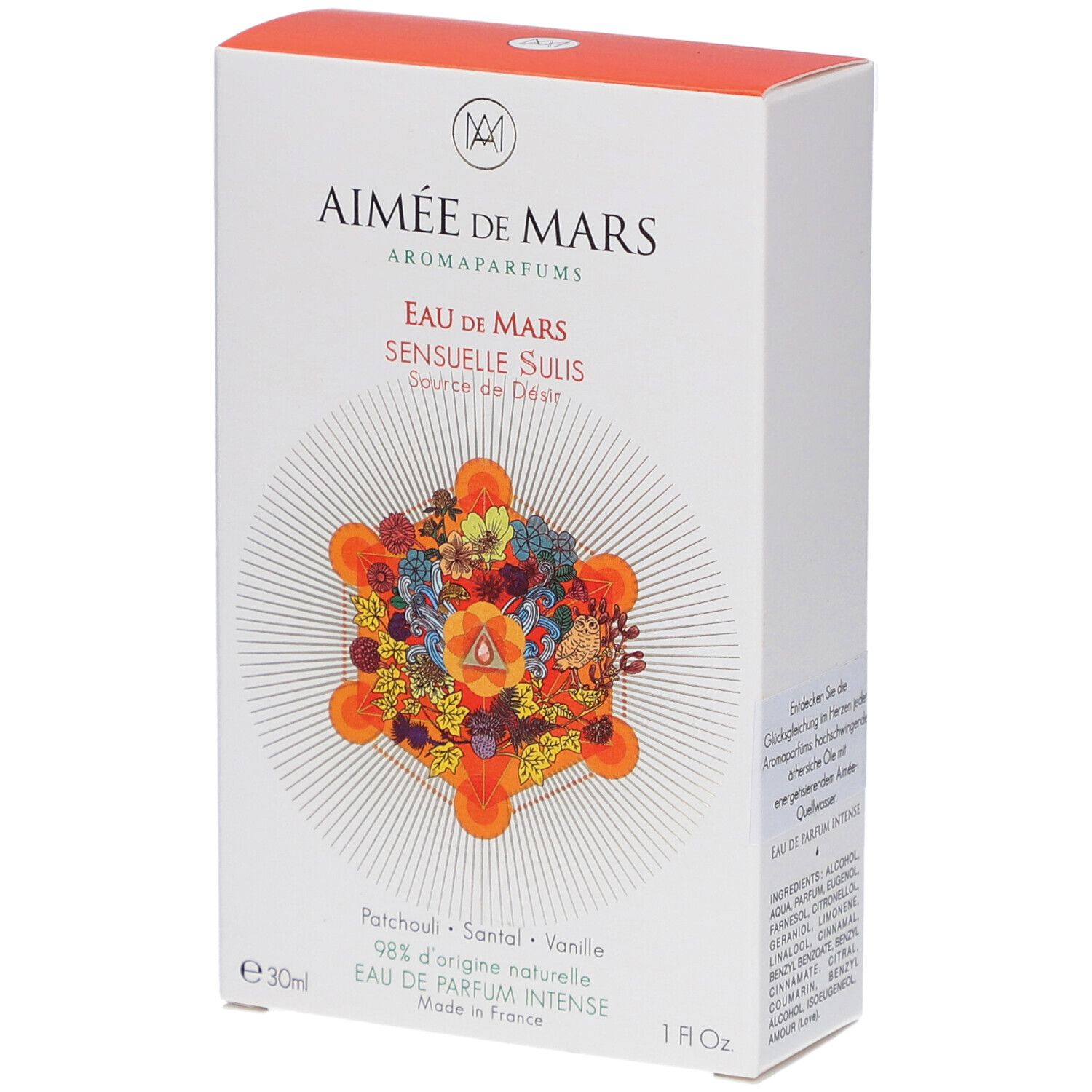 Weiße Schachtel mit Produktnamen und floralem Design. Text: Eau de Mars Sensuelle Sulis, 30ml, 1 fl oz.