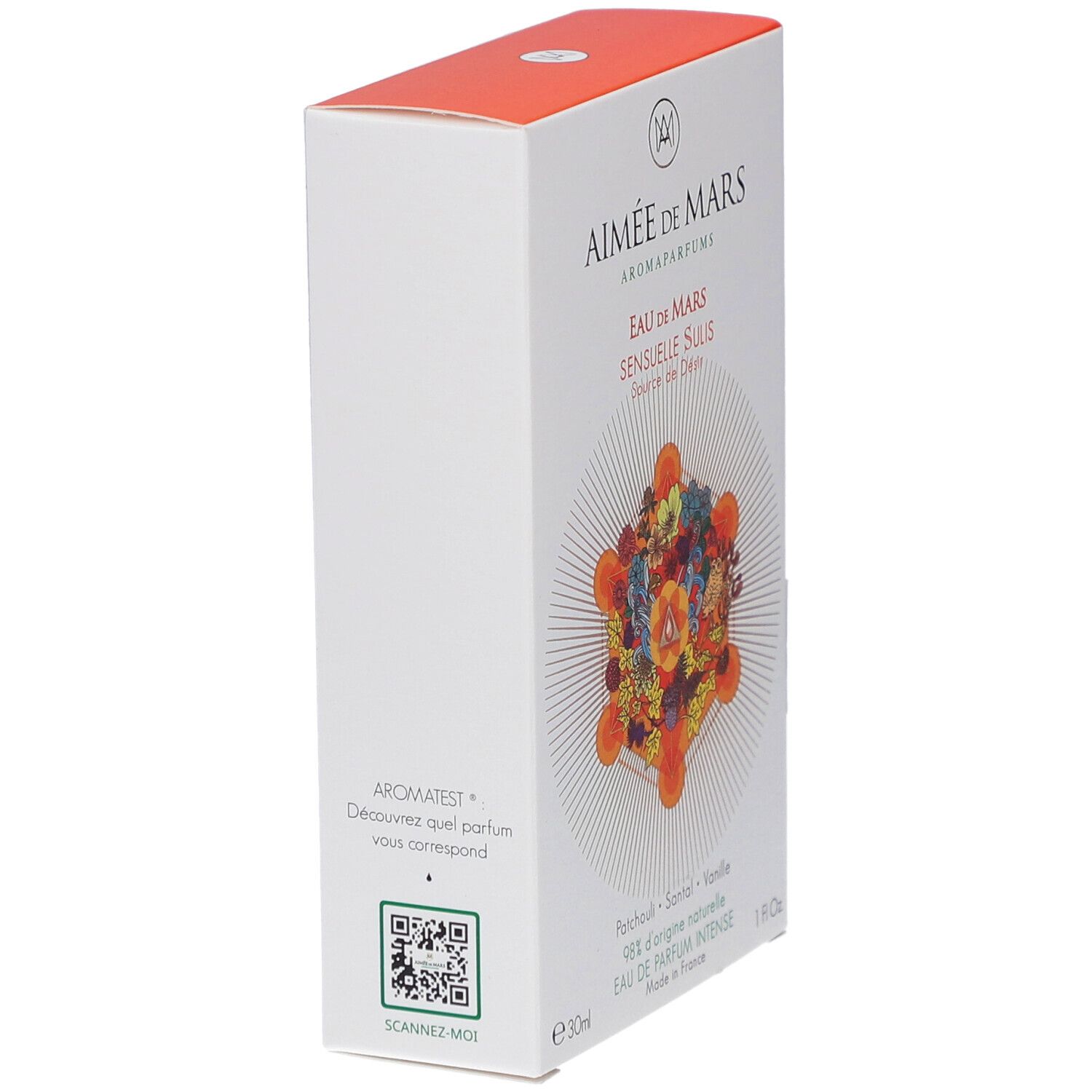 Weiße Schachtel, orangefarbener Deckel. Produktname und florales Design. QR-Code und Text: Scan me.