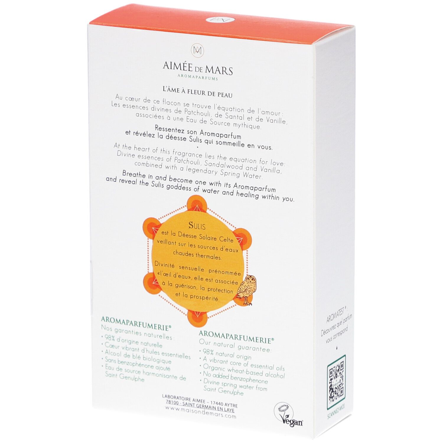 Rückseite der weißen Schachtel. Text in Französisch und Englisch. Logo: Vegan. Aromaparfumerie-Logo.