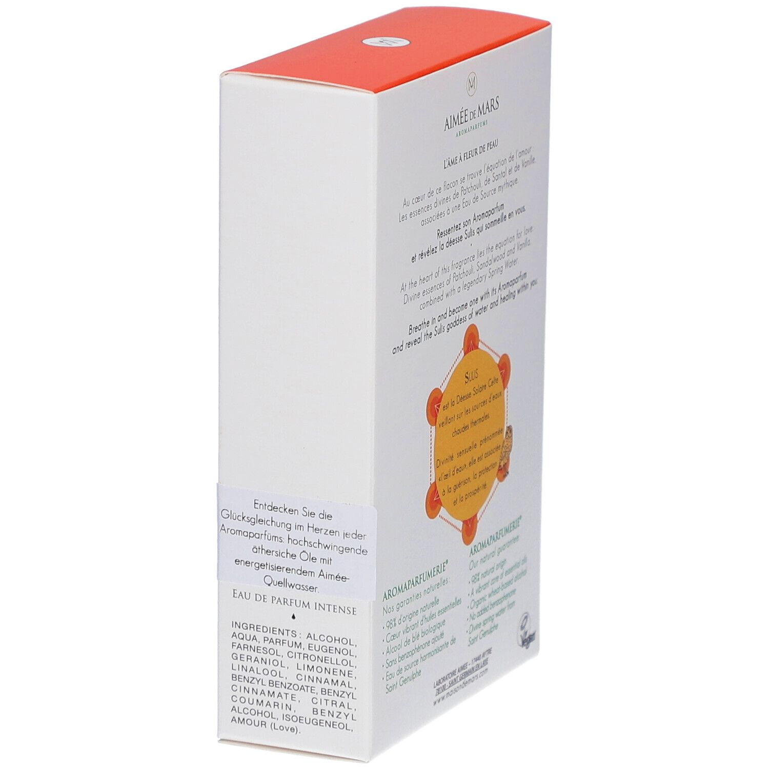 Weiße Schachtel, orangefarbener Deckel. Text in Deutsch und Englisch. Zutatenliste. Aromaparfumerie-Logo.