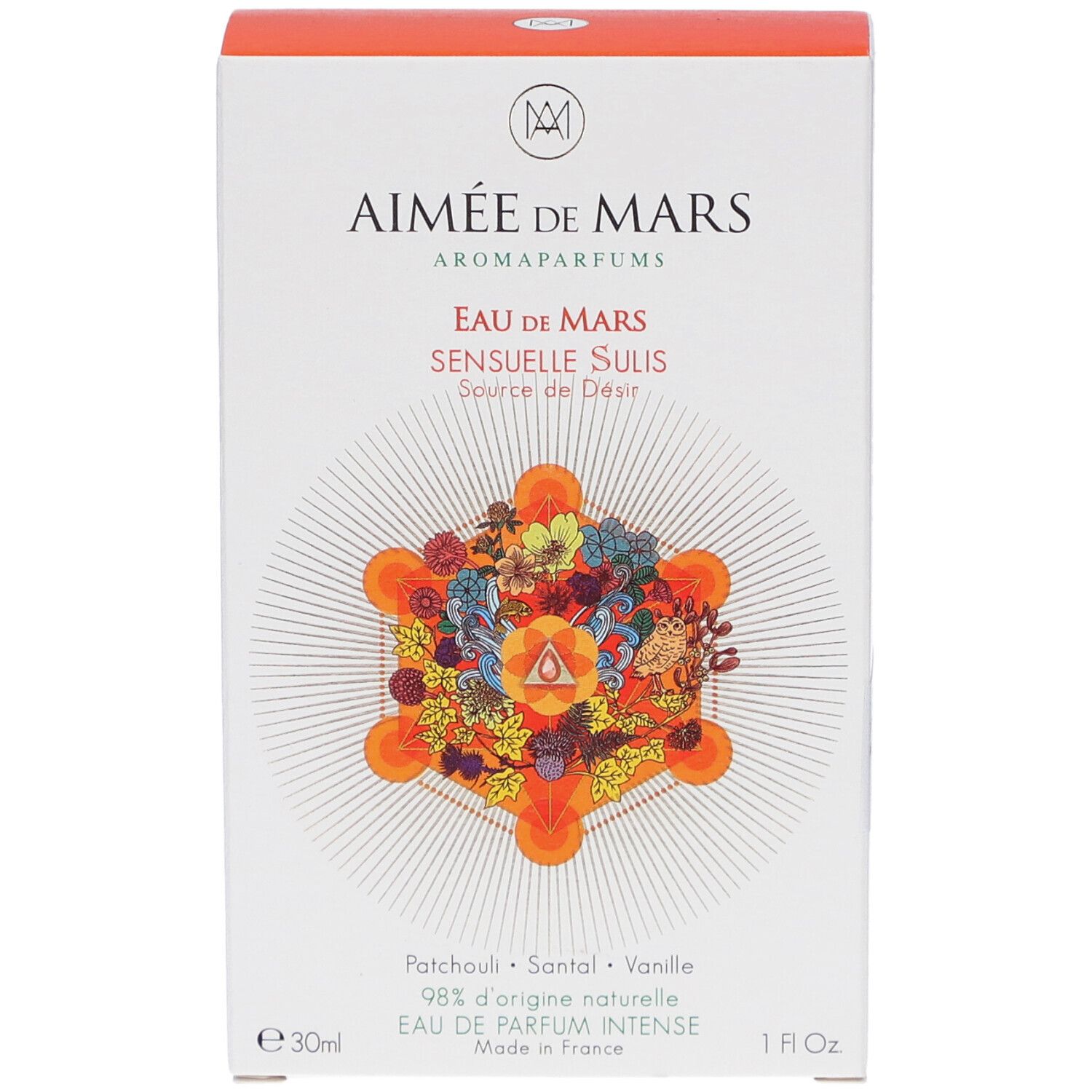 Weiße Schachtel mit Produktnamen und floralem Design. Text: Eau de Mars Sensuelle Sulis, 30ml, 1 fl oz.