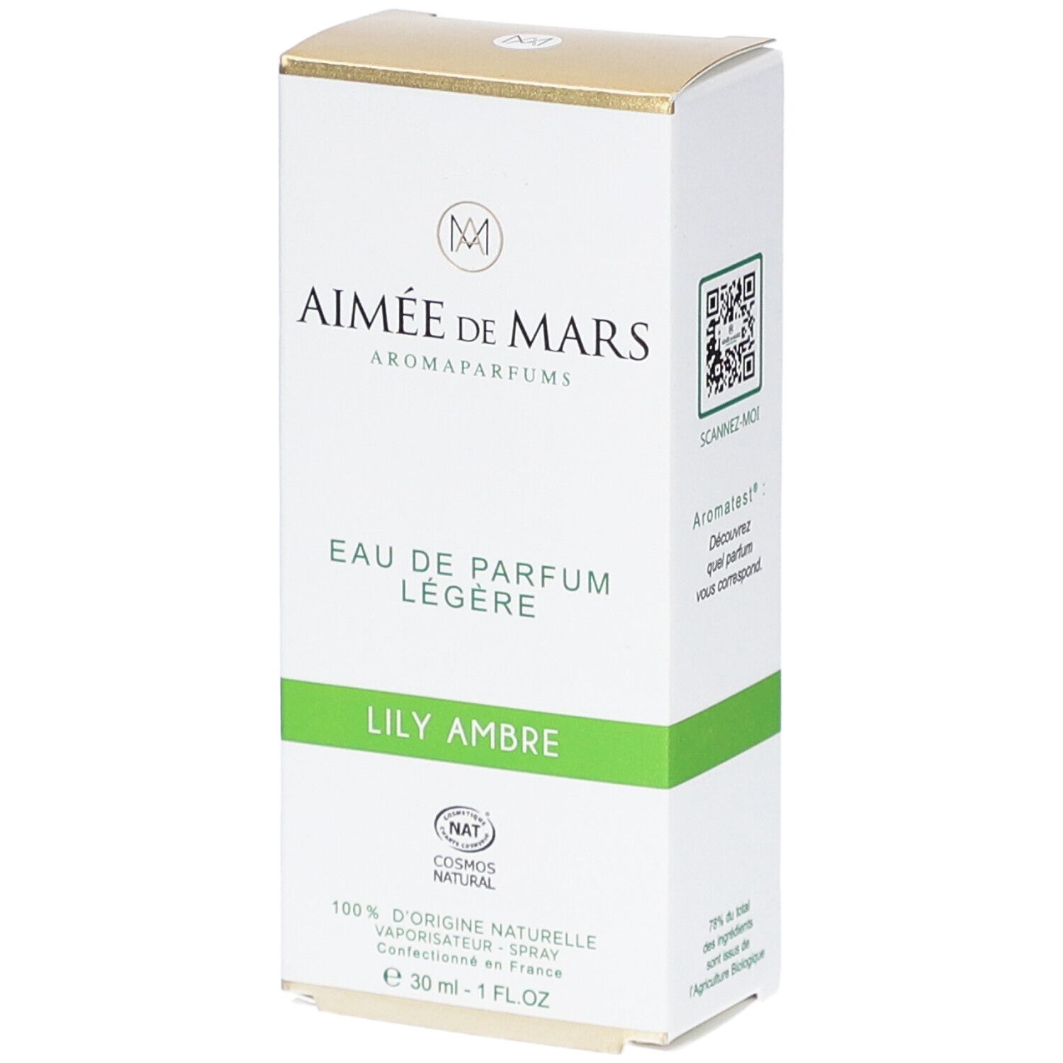 Boîte blanche "Aimée de Mars" et "Lily Ambre". Bande verte. Certification NAT. Contient 30 ml.