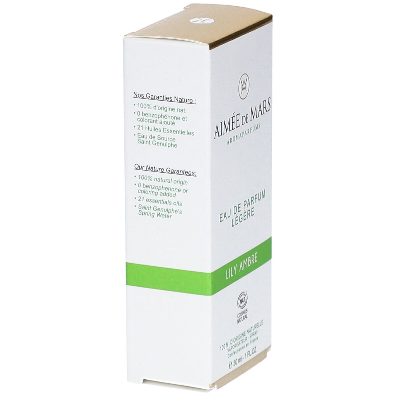 Boîte blanche avec "Aimée de Mars" et informations. Bande verte. Certification NAT. 30 ml.