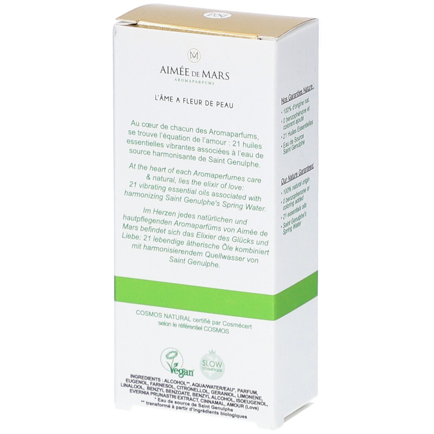Boîte blanche avec texte sur ingrédients et certifications. Bande verte. Logo Vegan.