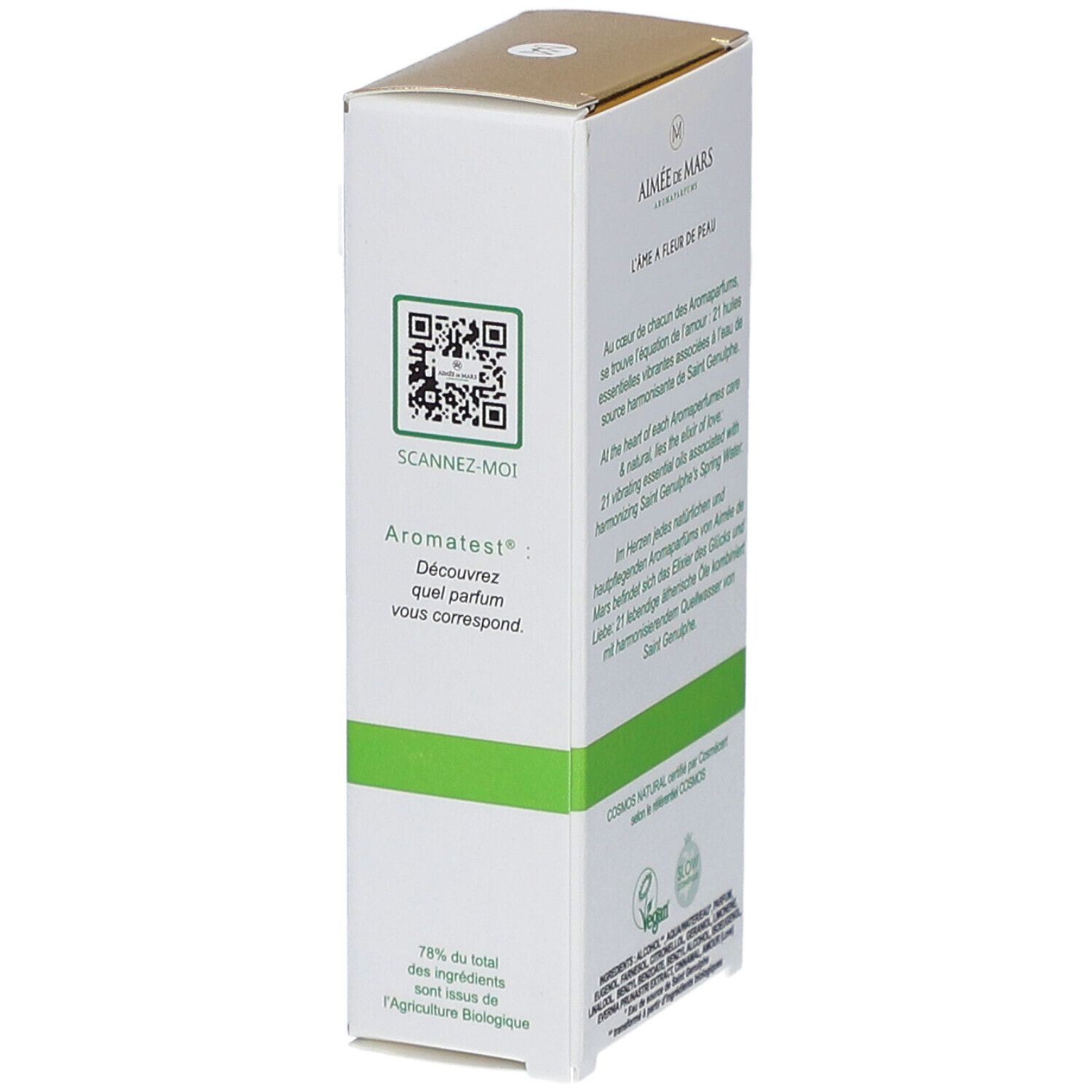 Boîte blanche avec QR code et texte. Bande verte. Logo Vegan. 78% des ingrédients sont bio.