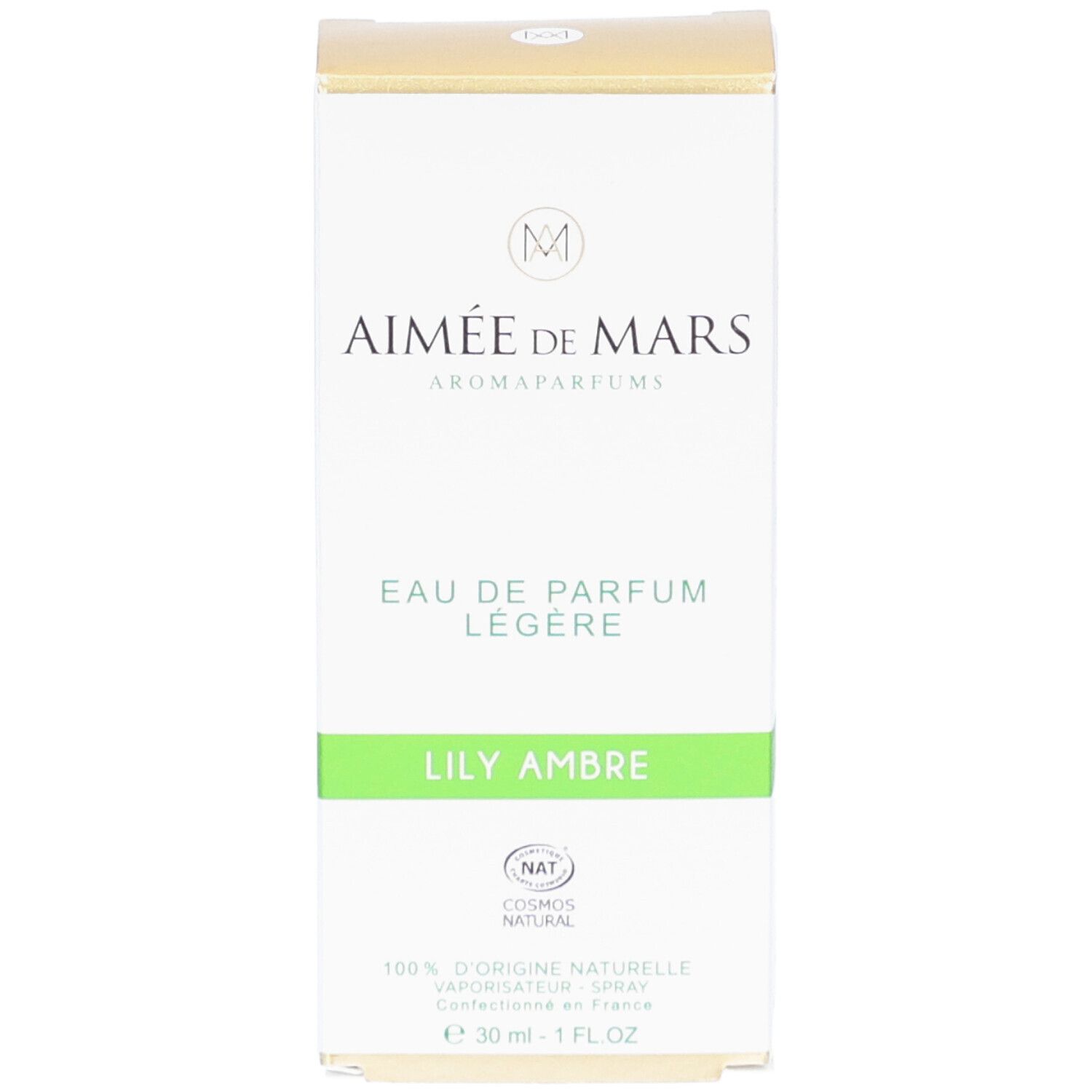 Boîte blanche "Aimée de Mars" et "Lily Ambre". Bande verte. Certification NAT. 30 ml.