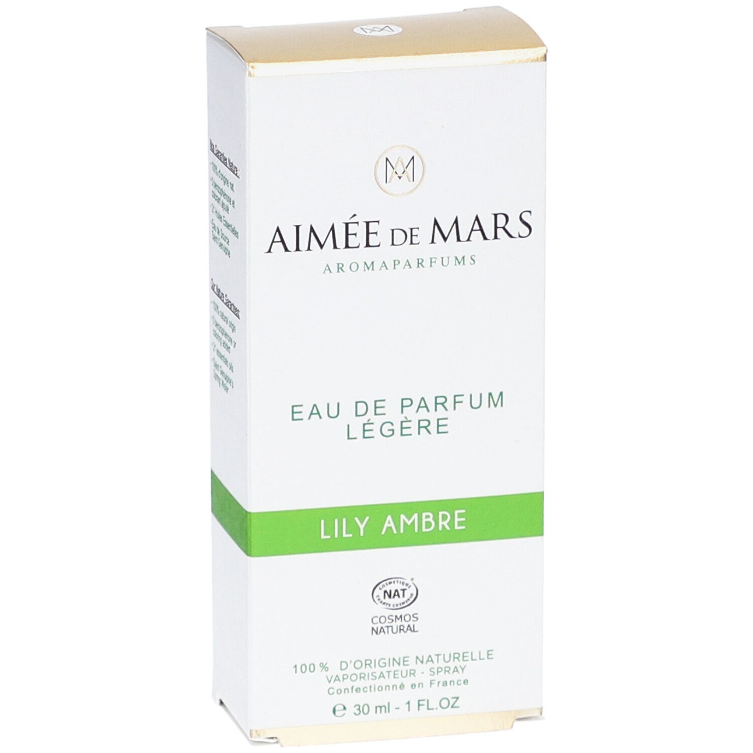 Boîte blanche "Aimée de Mars" et "Lily Ambre". Bande verte. Certification NAT. 30 ml.