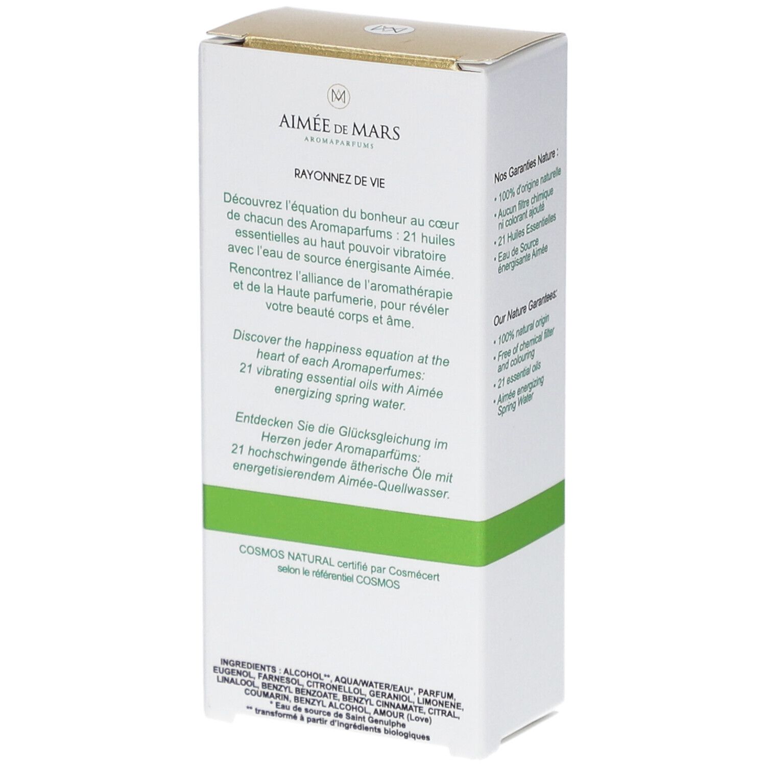 Weißer Karton mit Text. "Aimée de Mars" und "Eau de Parfum" sind sichtbar. Grüne Linie. Zertifizierung.