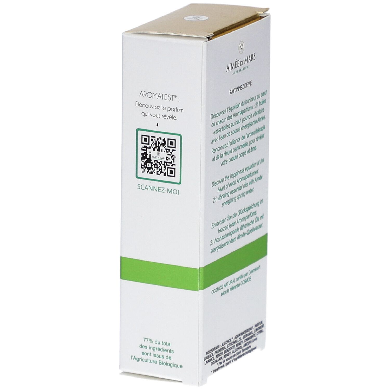 Weißer Karton mit Text und QR-Code. "Aimée de Mars" und "Eau de Parfum" sind sichtbar. Grüne Linie. Zertifizierung.
