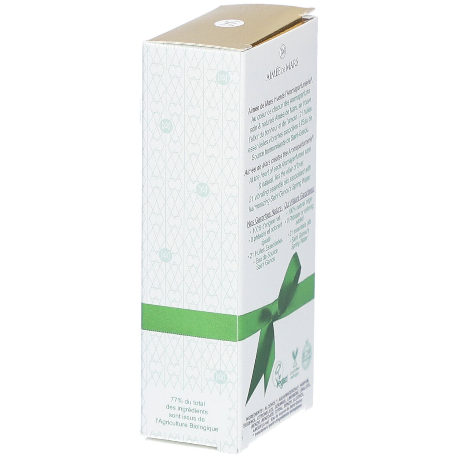 Parfumverpackung, weiß mit grüner Schleife. Text: 77% der Inhaltsstoffe aus biologischem Anbau. Vegan.
